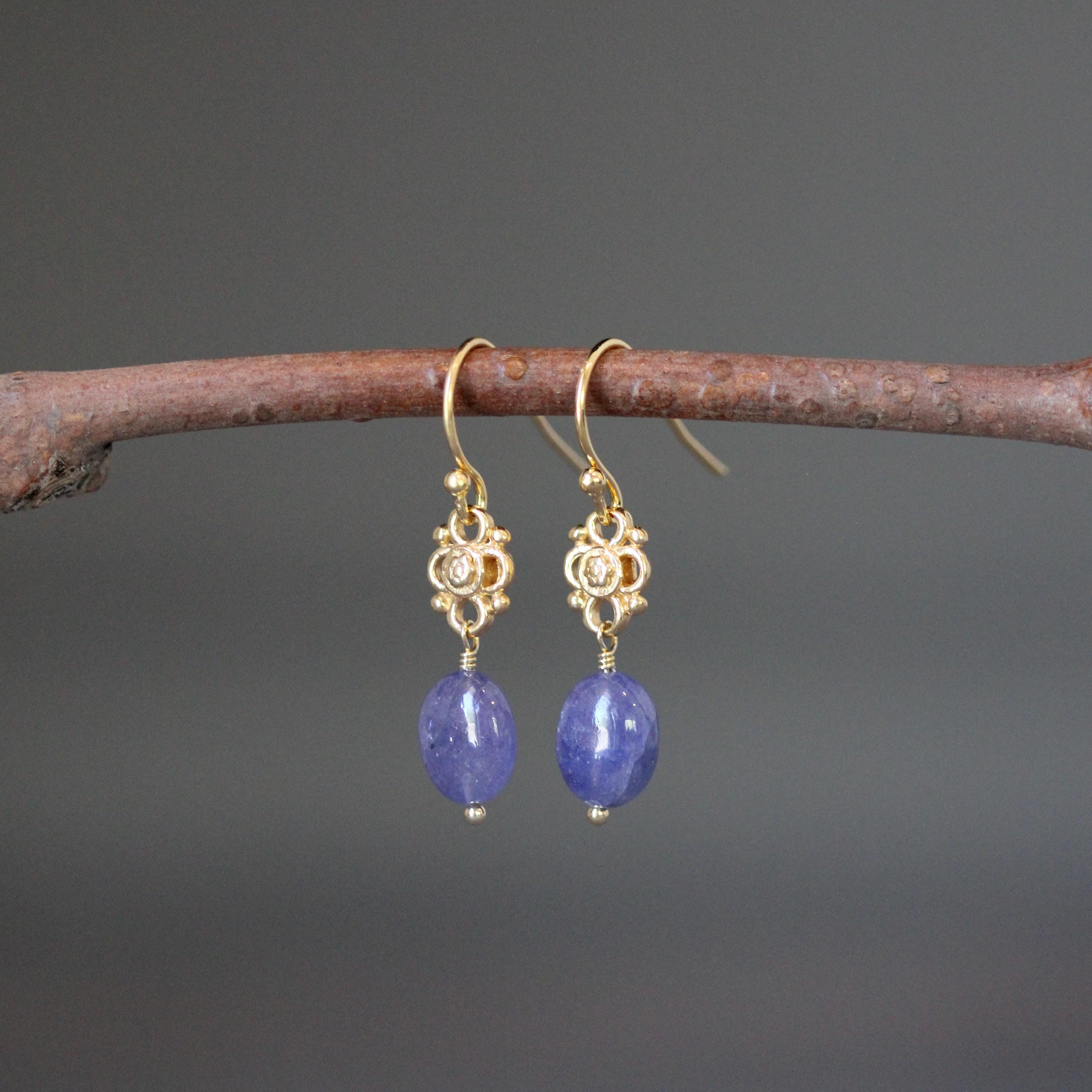 Tanzanite Oval Earrings on Gold Vermeil Filigree Links