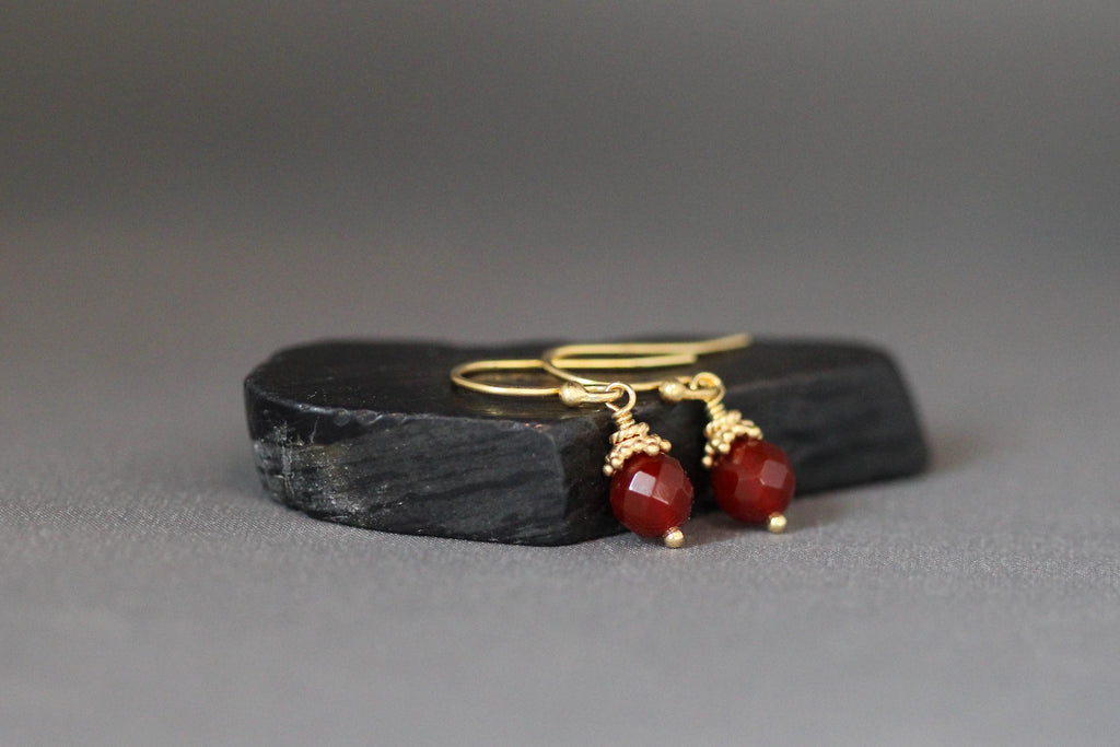 Carnelian Round Stone Dangle Earrings with Gold Vermeil Caps