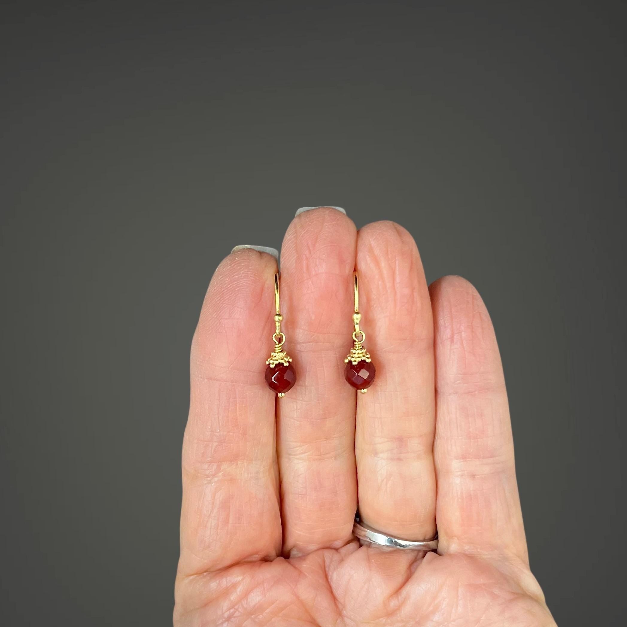 Carnelian Round Stone Dangle Earrings with Gold Vermeil Caps