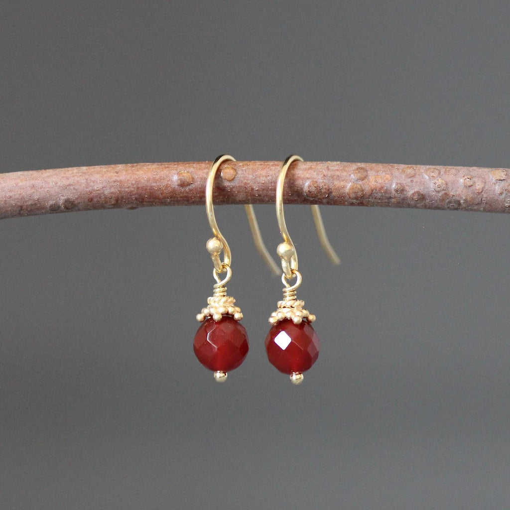 Carnelian Round Stone Dangle Earrings with Gold Vermeil Caps