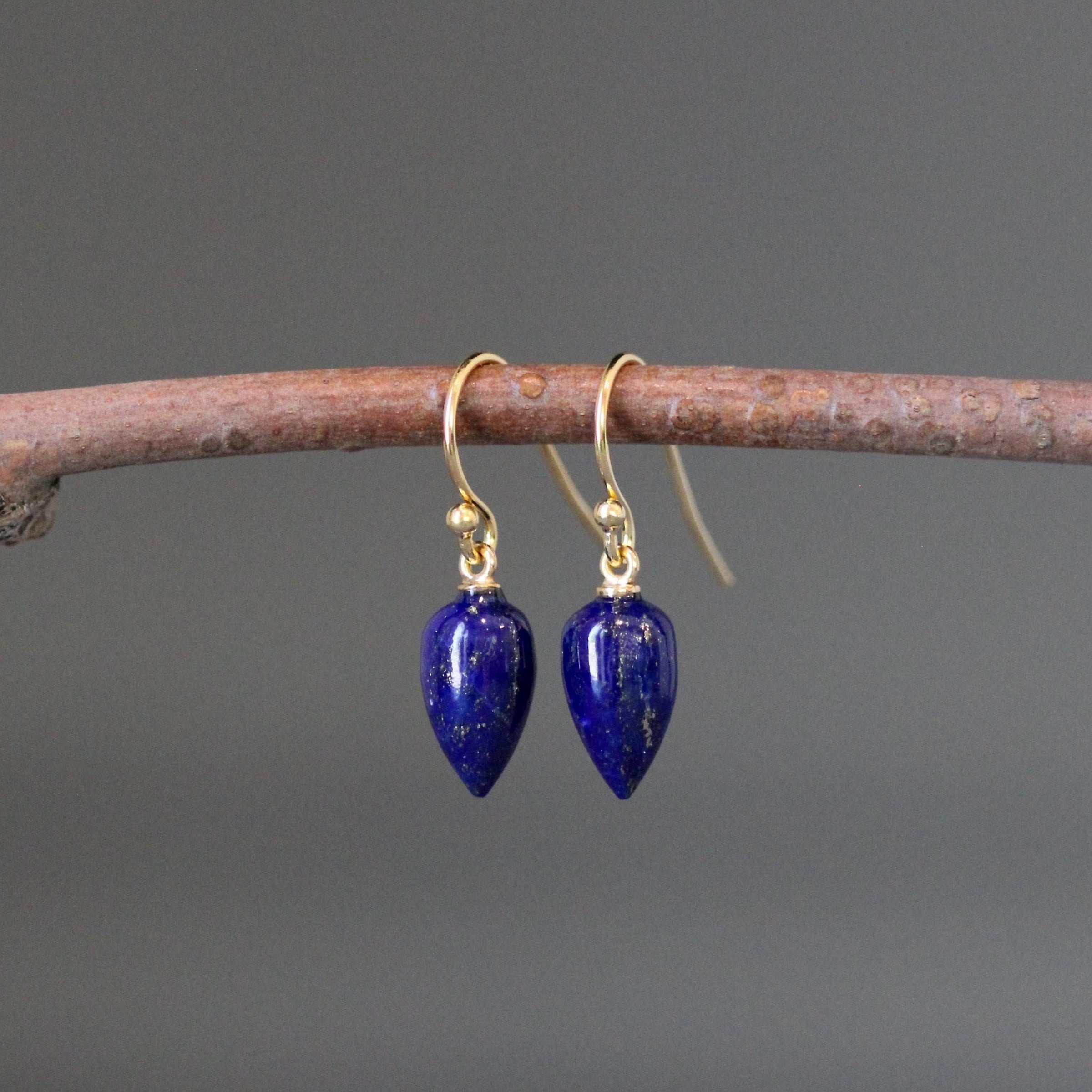 Lapis lazuli teardrop earrings with gold vermeil hooks, blue stone drops with gold caps