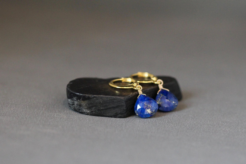Lapis Lazuli Teardrop Earrings on Gold Vermeil Leverback Huggie Hoops