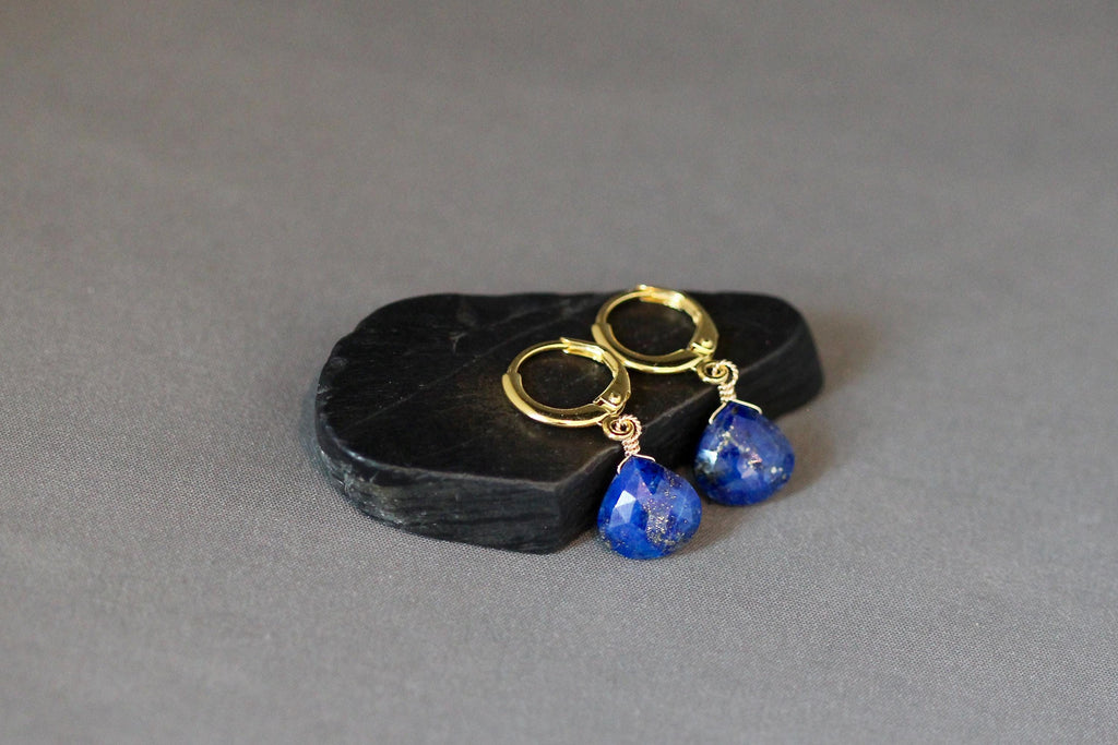 Lapis Lazuli Teardrop Earrings on Gold Vermeil Leverback Huggie Hoops