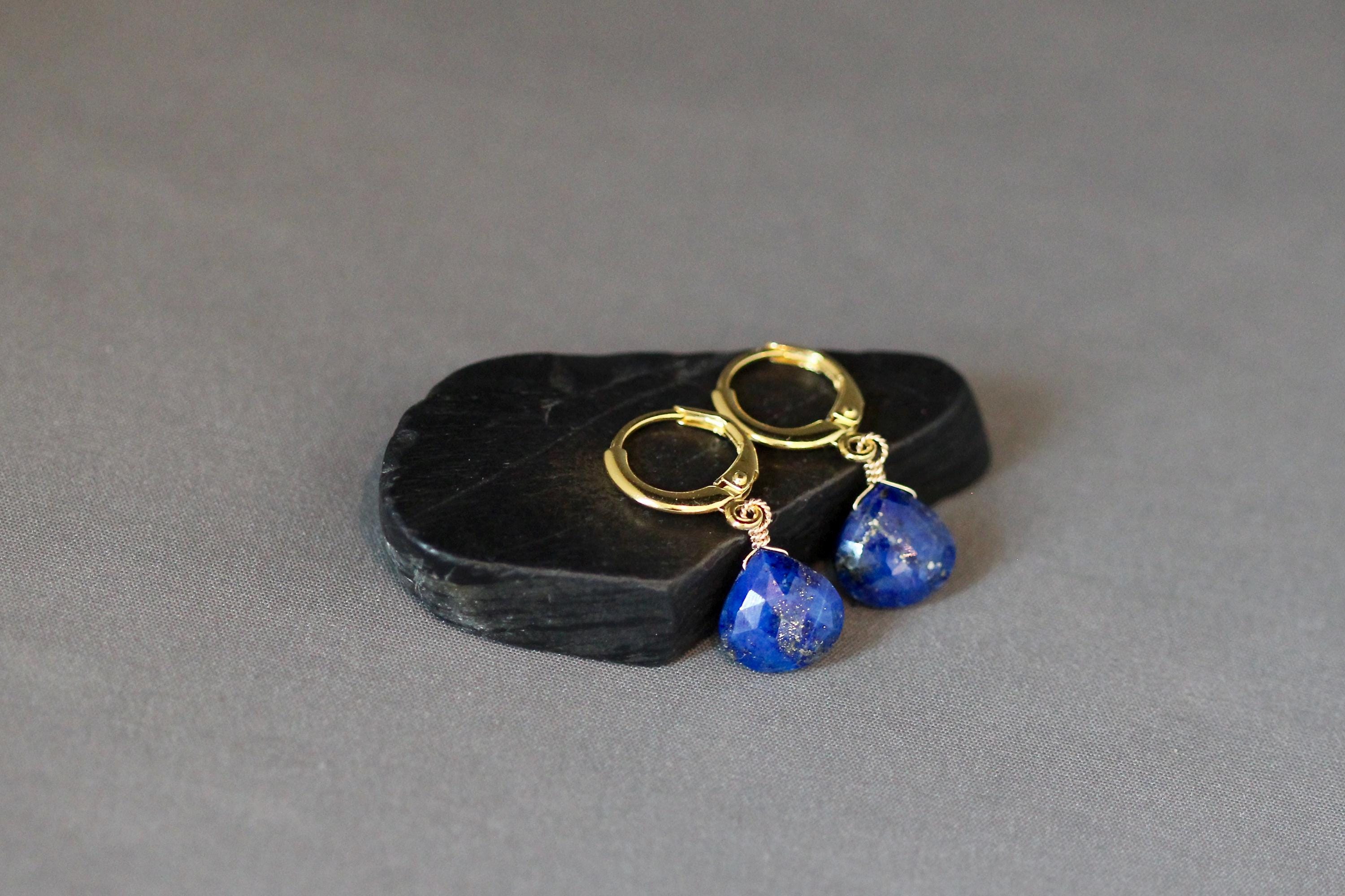 Lapis Lazuli Teardrop Earrings on Gold Vermeil Leverback Huggie Hoops