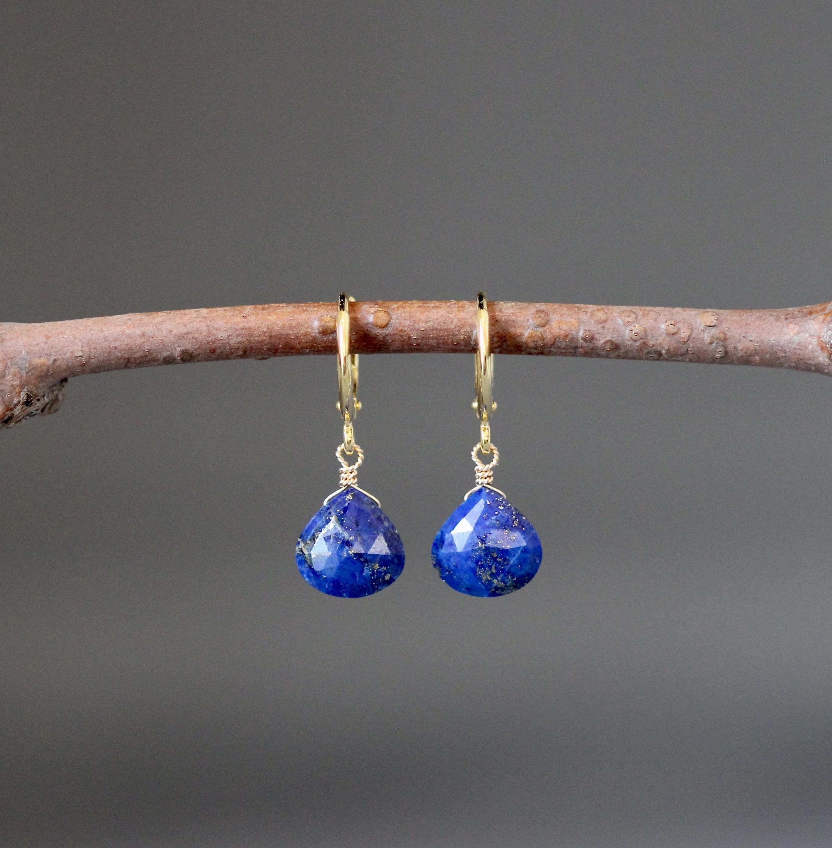 Lapis Lazuli Teardrop Earrings on Gold Vermeil Leverback Huggie Hoops
