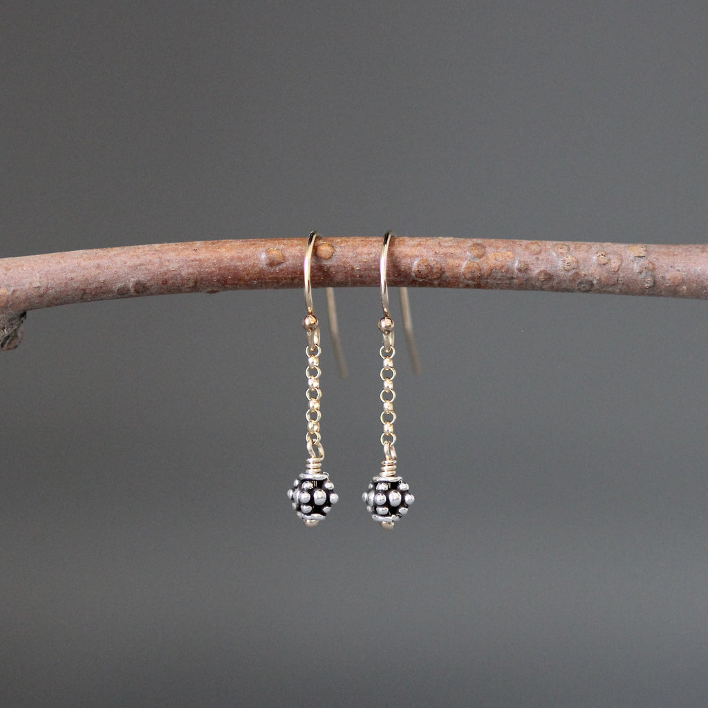 Mixed Metal Necklace and Earring Set with Bali Silver Beads on Gold Filled Chain