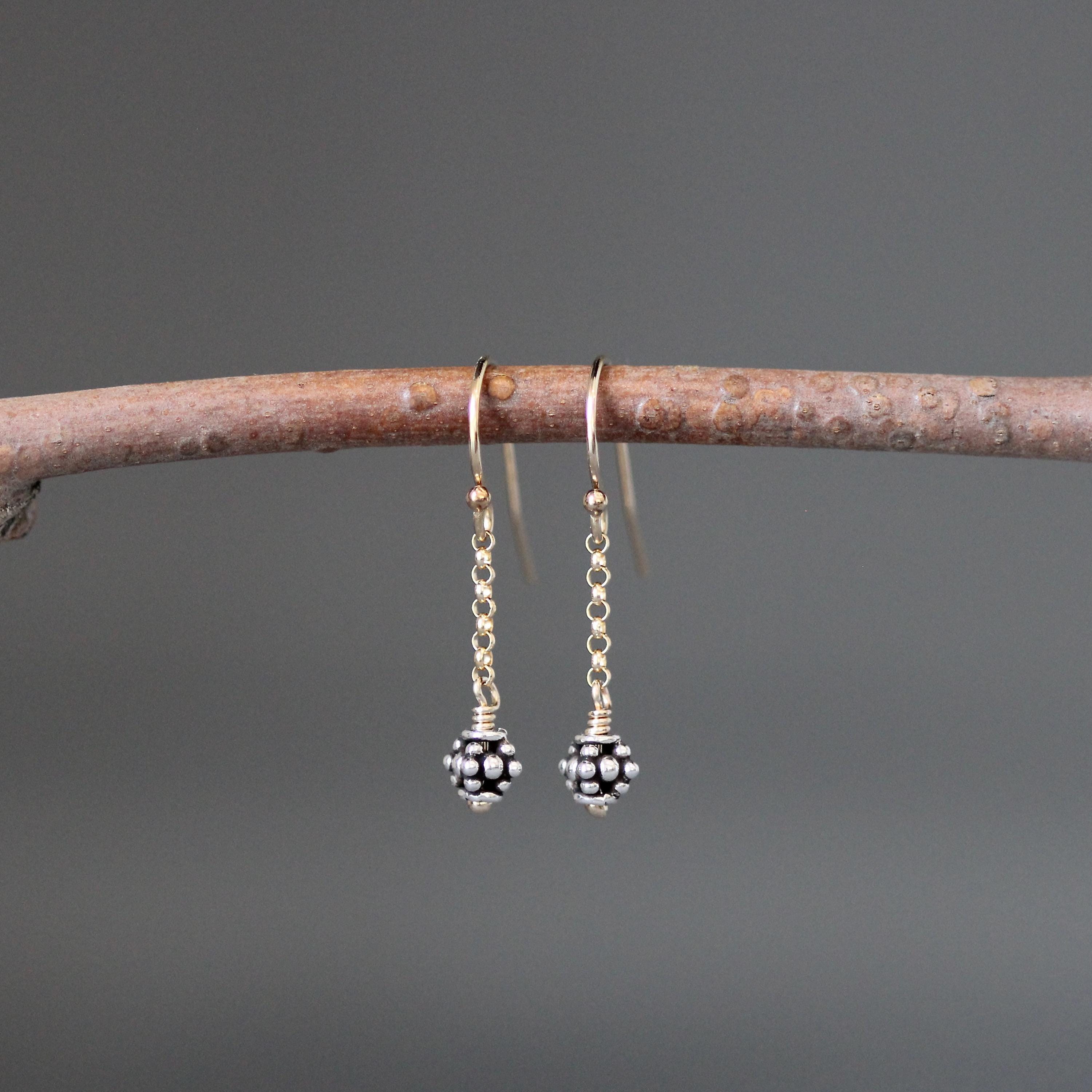 Mixed Metal Necklace and Earring Set with Bali Silver Beads on Gold Filled Chain
