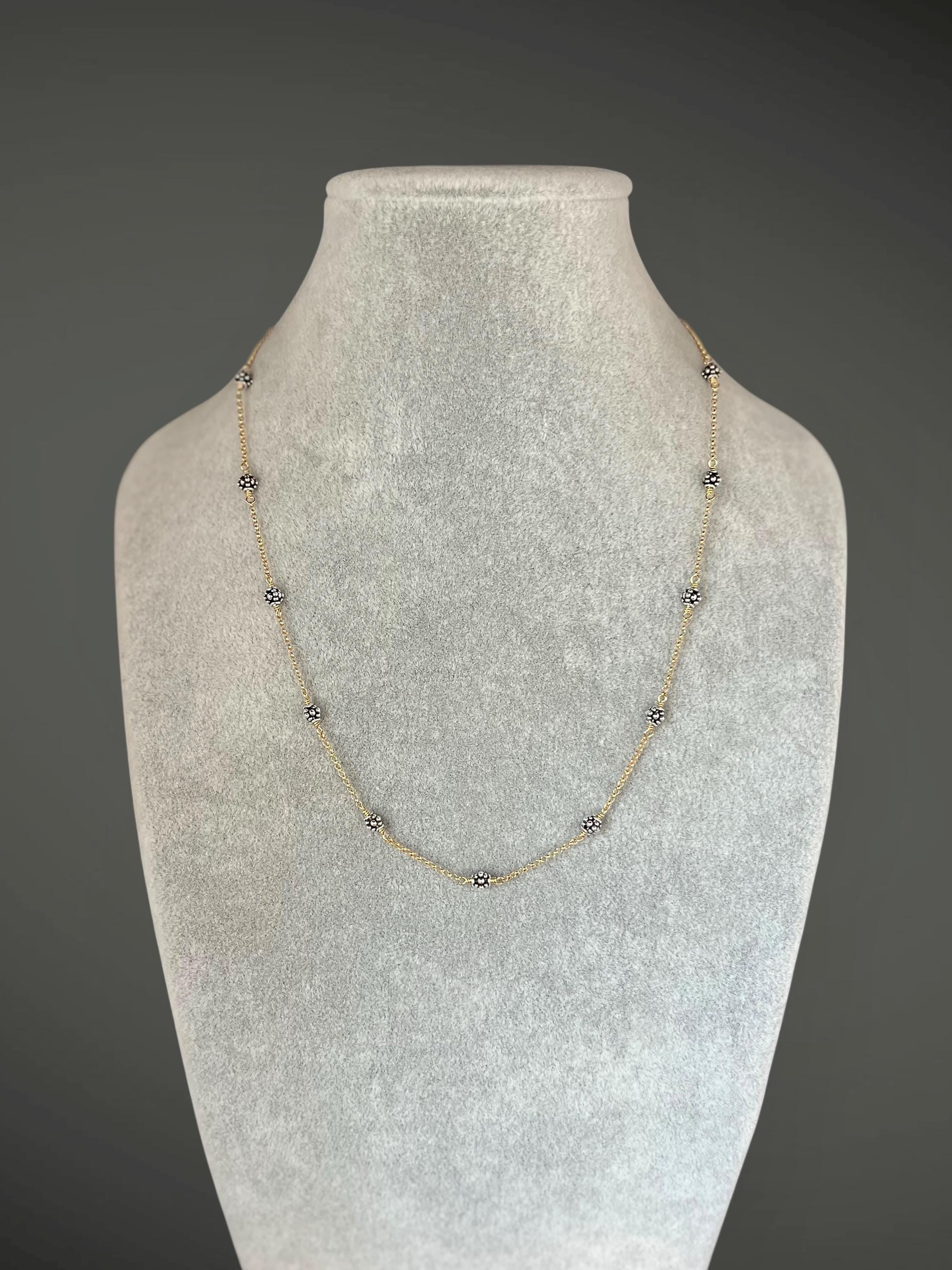 Mixed Metal Necklace and Earring Set with Bali Silver Beads on Gold Filled Chain