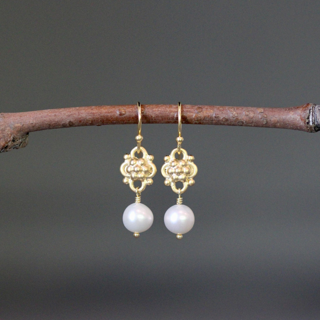 White Freshwater Pearl Earrings on Gold Vermeil Links