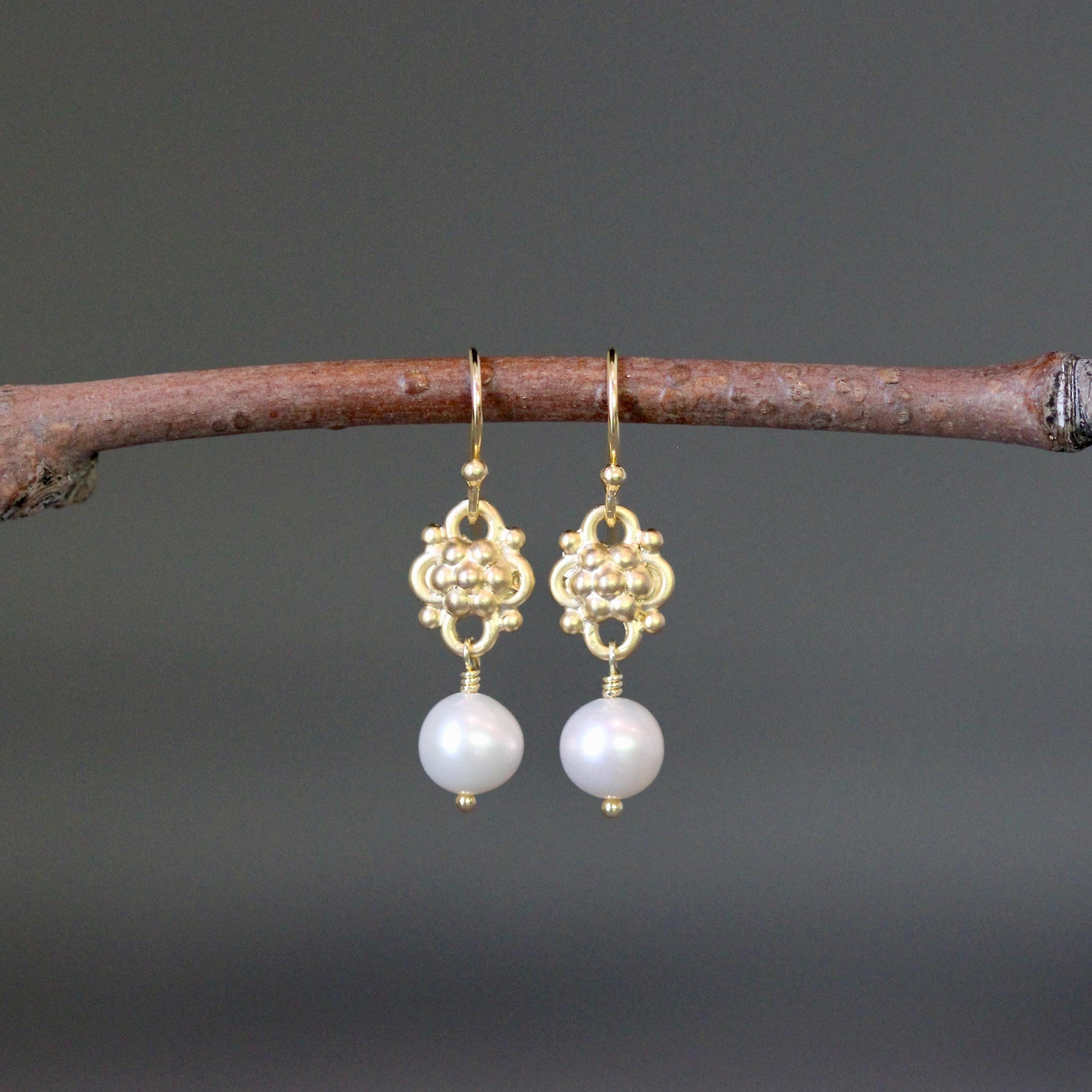 White Freshwater Pearl Earrings on Gold Vermeil Links