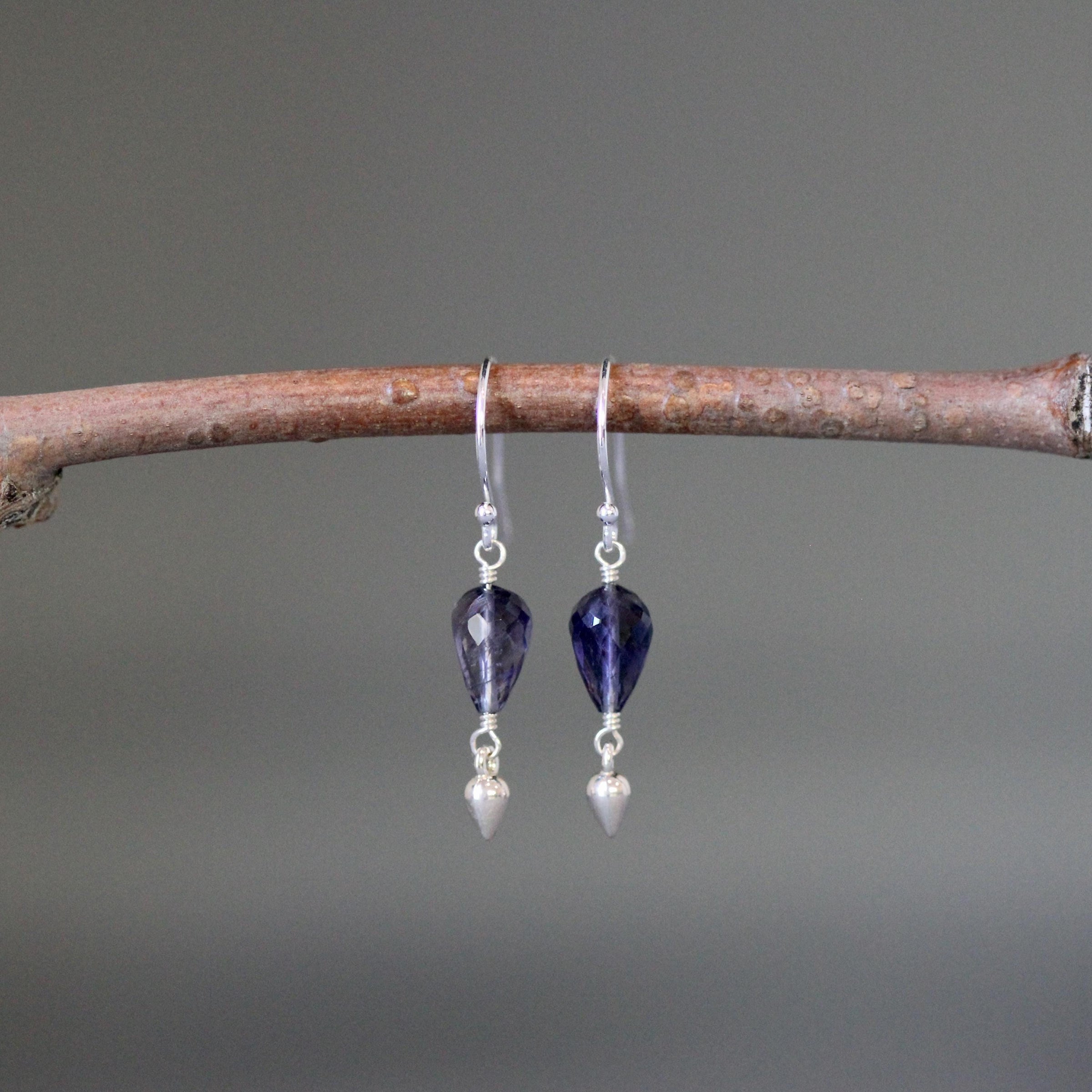 Iolite teardrop earrings with silver earwires and small dangling bead charms