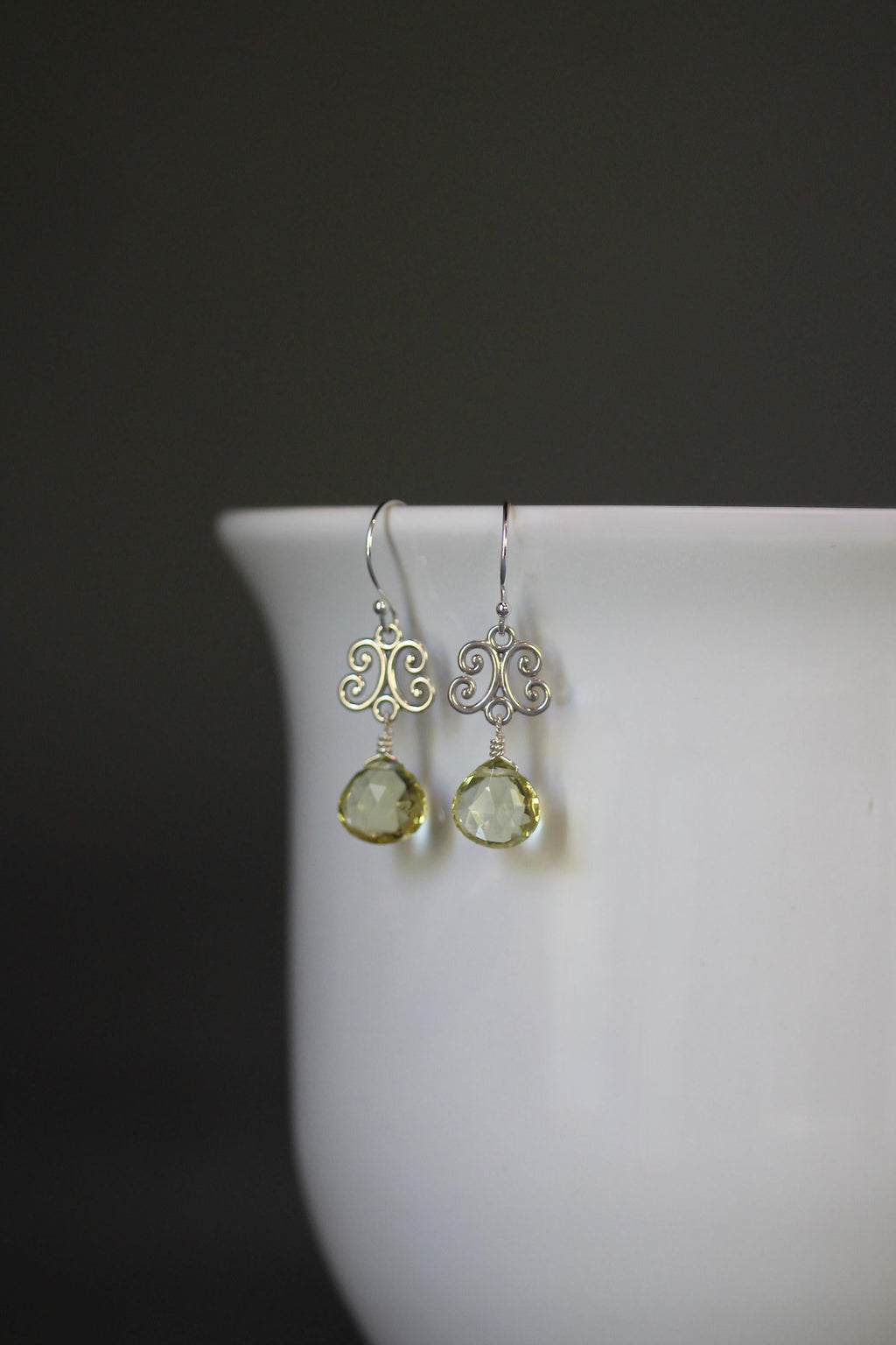 Lemon Quartz Teardrop Earrings on Bali Sterling Silver Filigree Links
