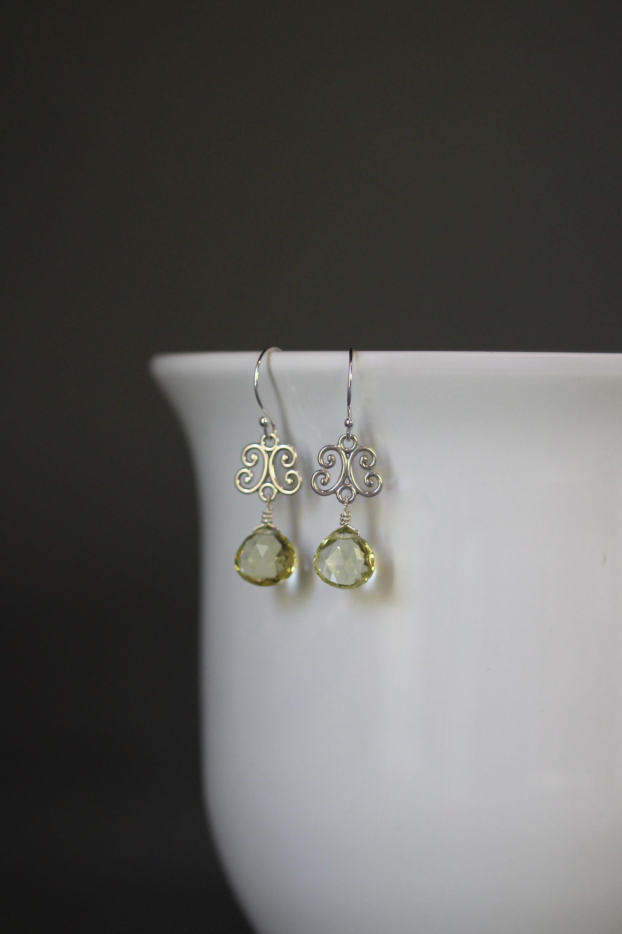 Lemon Quartz Teardrop Earrings on Bali Sterling Silver Filigree Links