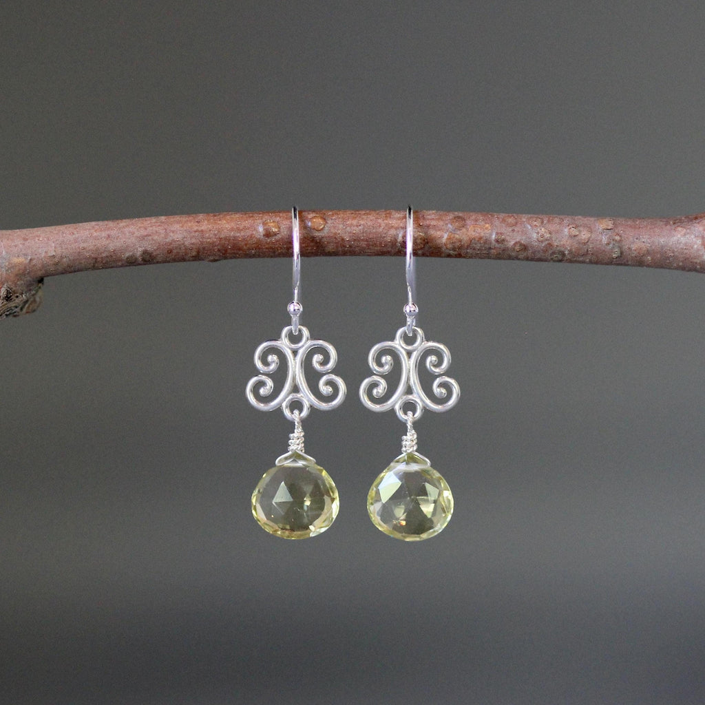 Lemon Quartz Teardrop Earrings on Bali Sterling Silver Filigree Links