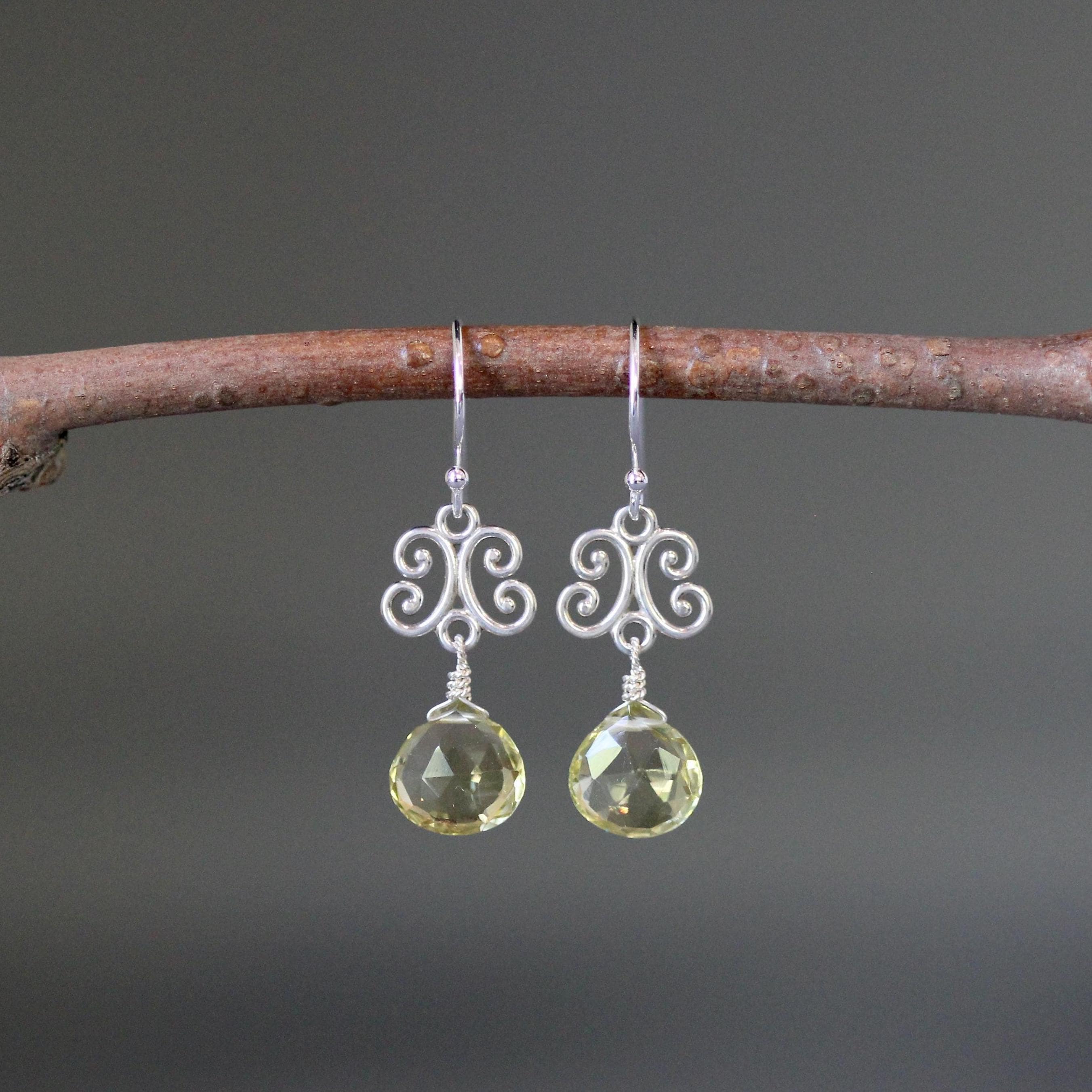 Lemon Quartz Teardrop Earrings on Bali Sterling Silver Filigree Links