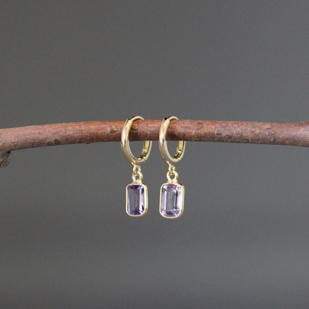 Amethyst Emerald Cut Dangle Earrings on Gold Vermeil Huggie Hoops