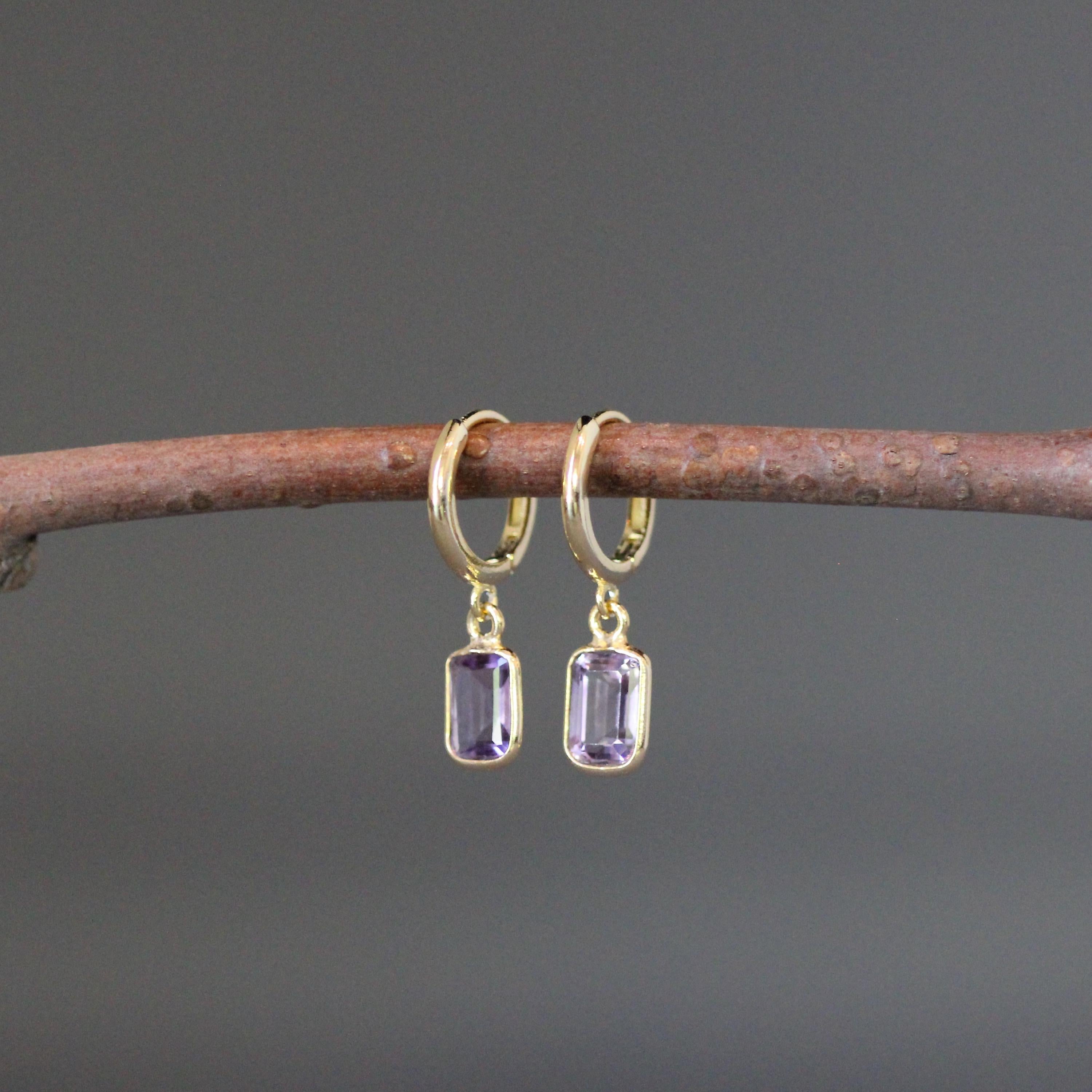 Amethyst Emerald Cut Dangle Earrings on Gold Vermeil Huggie Hoops