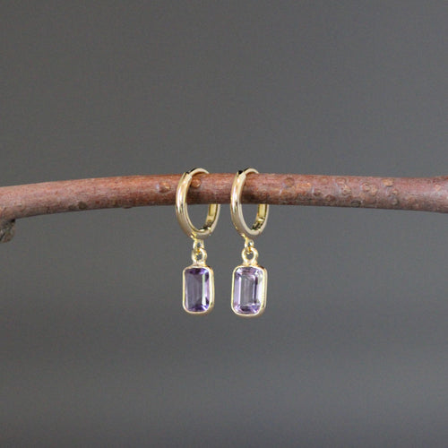 Amethyst Emerald Cut Dangle Earrings on Gold Vermeil Huggie Hoops