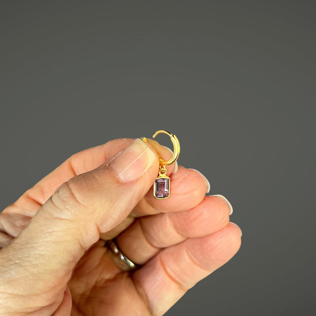 Amethyst Emerald Cut Dangle Earrings on Gold Vermeil Huggie Hoops