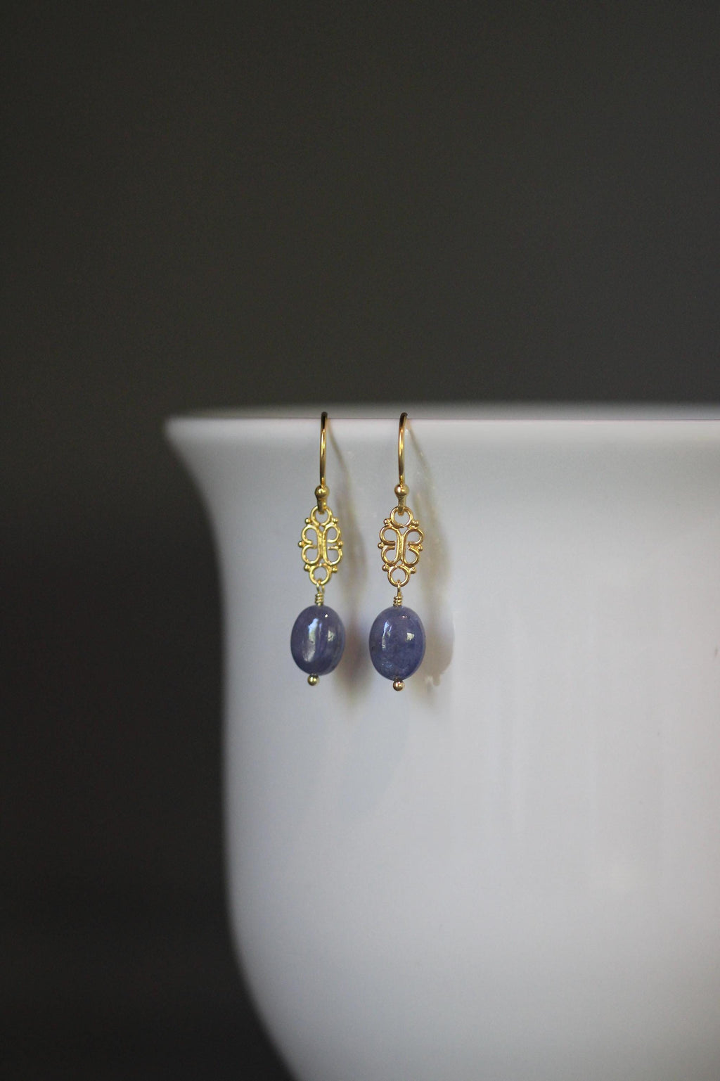 Tanzanite Oval Stone and Gold Vermeil Filigree Dangle Earrings
