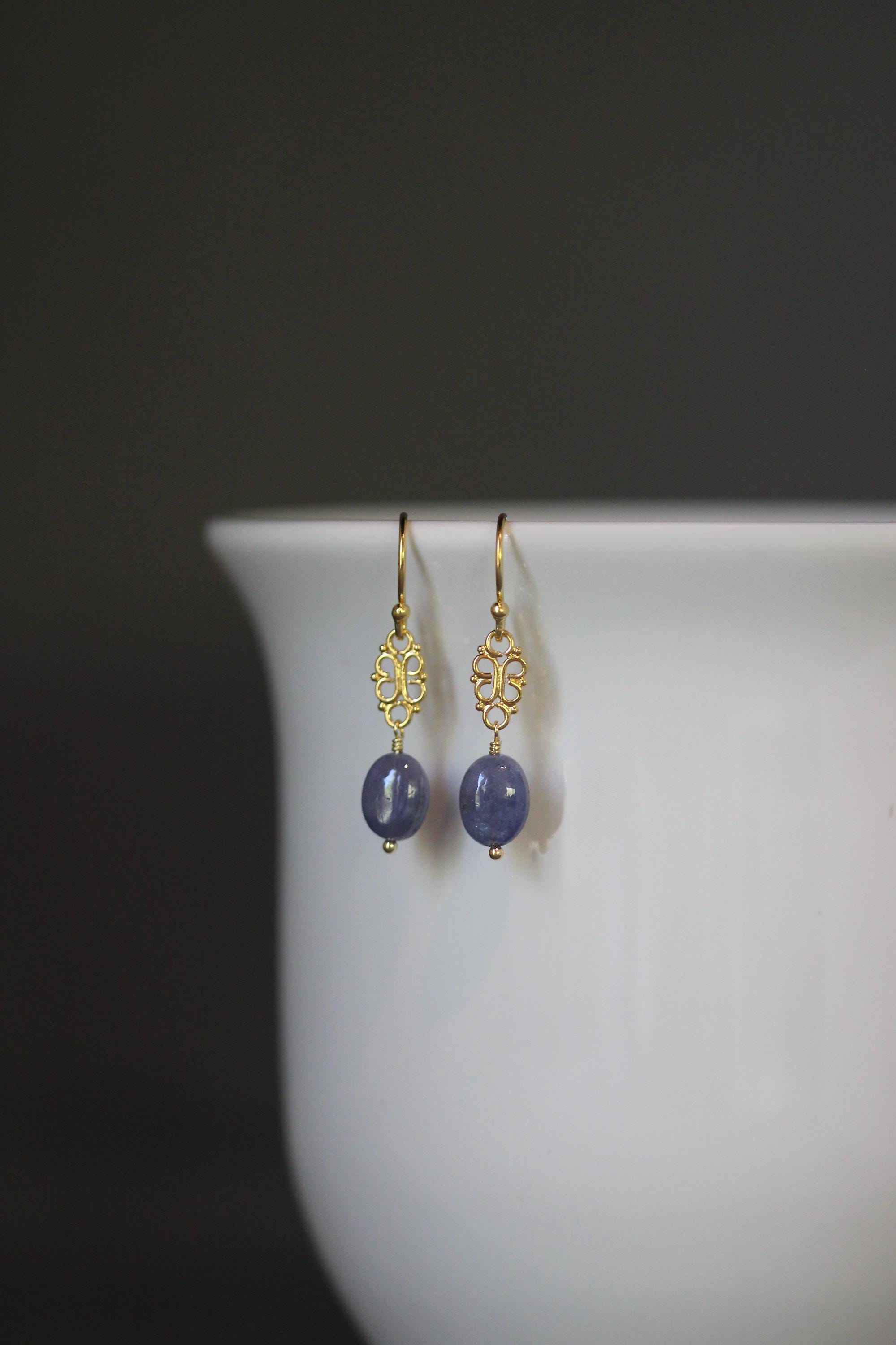 Tanzanite Oval Stone and Gold Vermeil Filigree Dangle Earrings