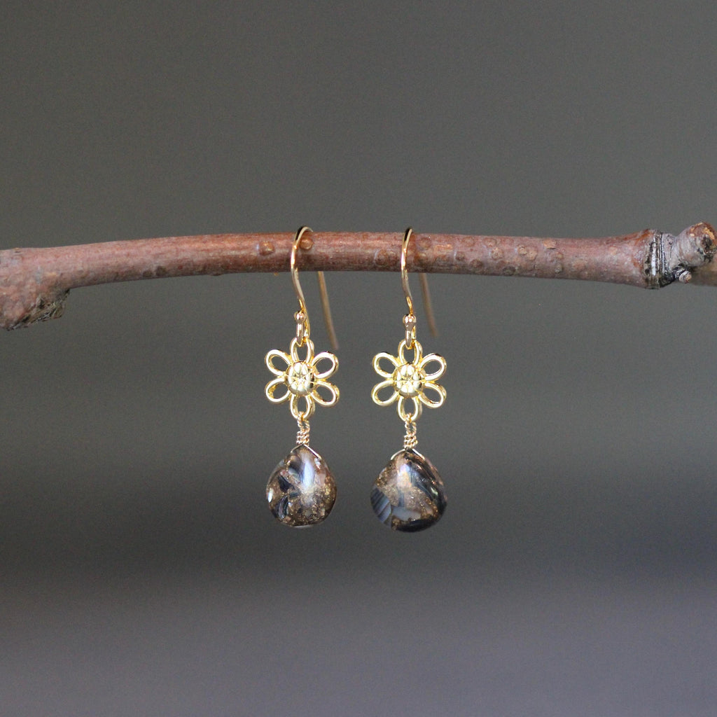 Bronze Abalone Teardrop Earrings on Gold Vermeil Flower Links