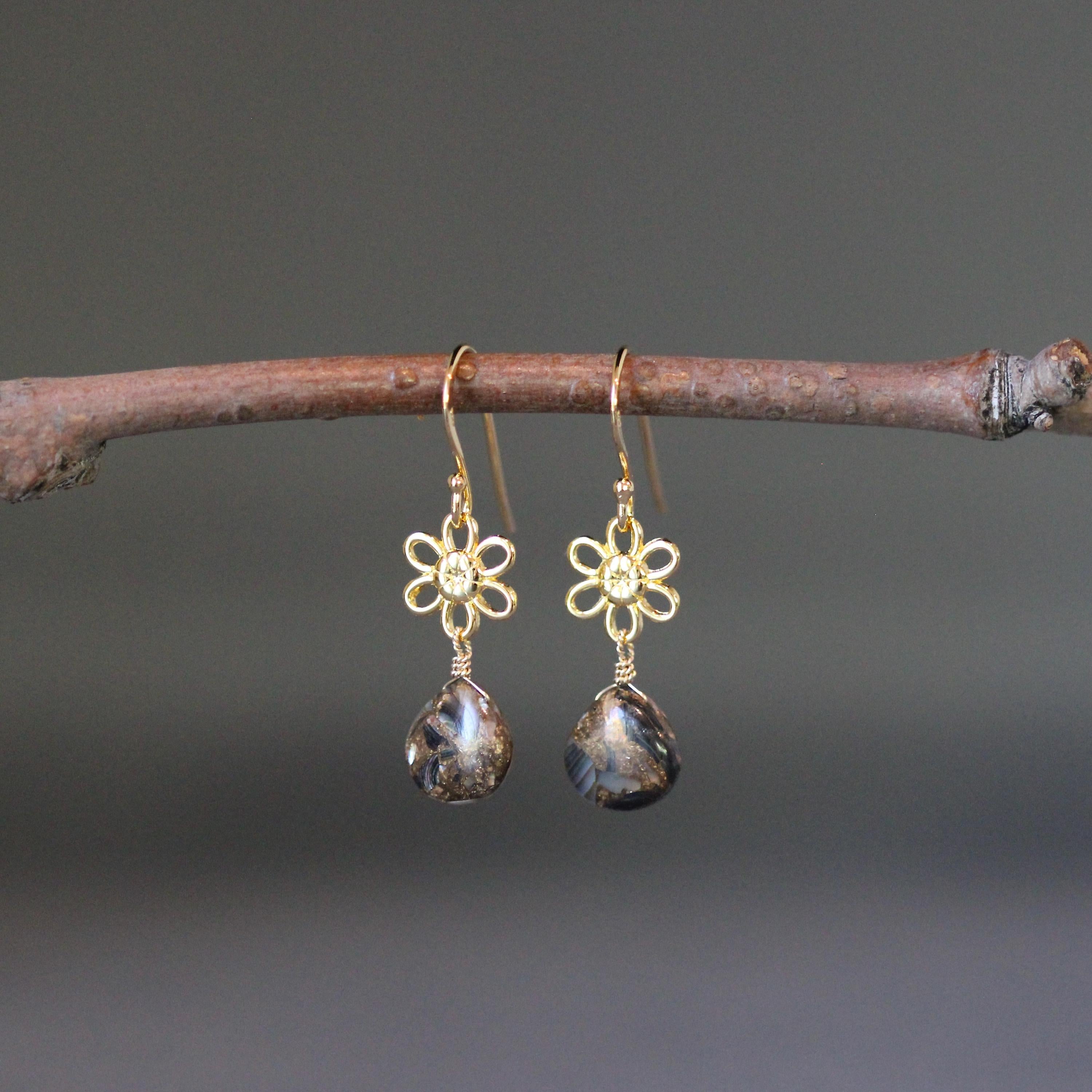 Bronze Abalone Teardrop Earrings on Gold Vermeil Flower Links