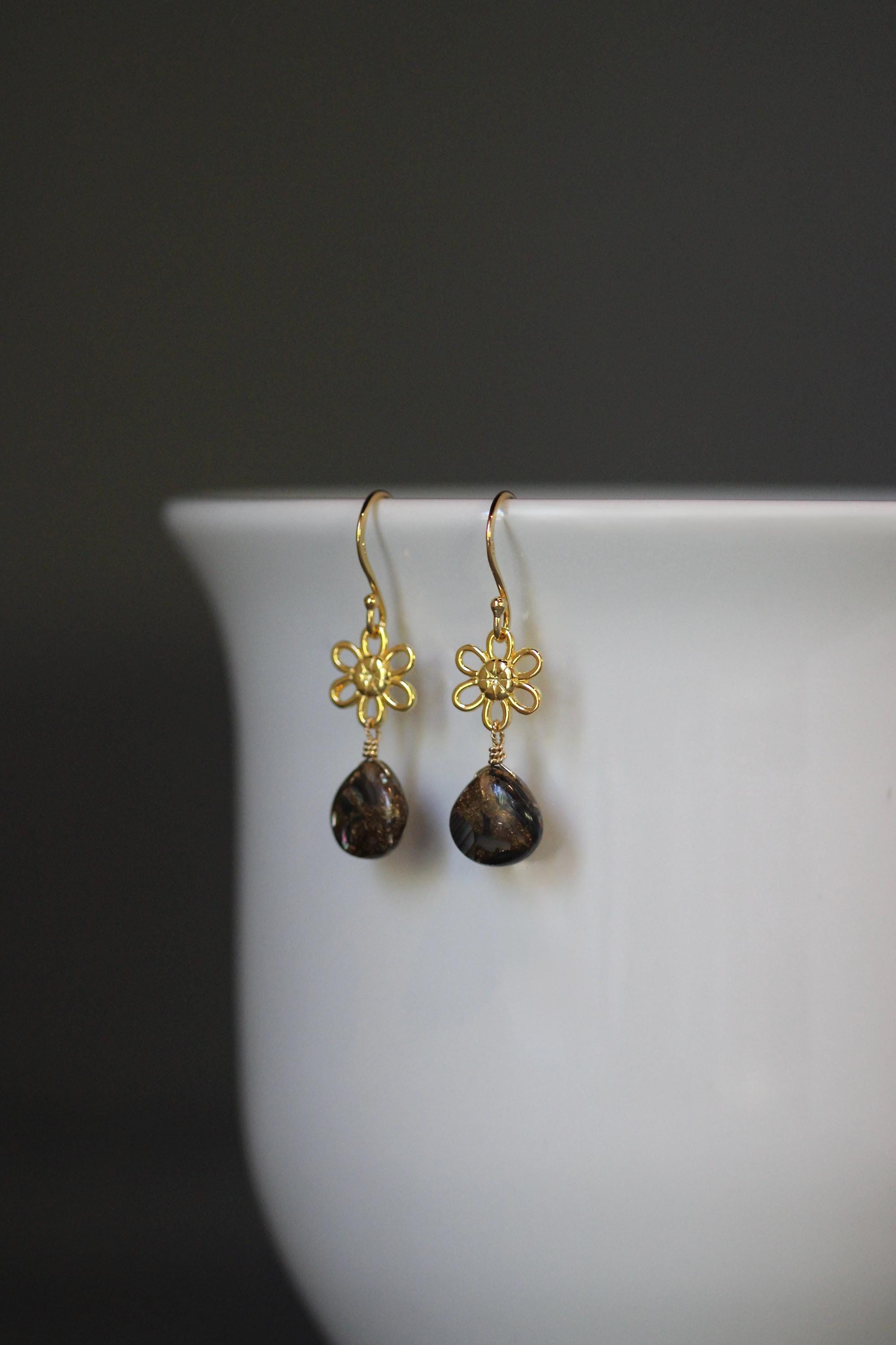 Bronze Abalone Teardrop Earrings on Gold Vermeil Flower Links