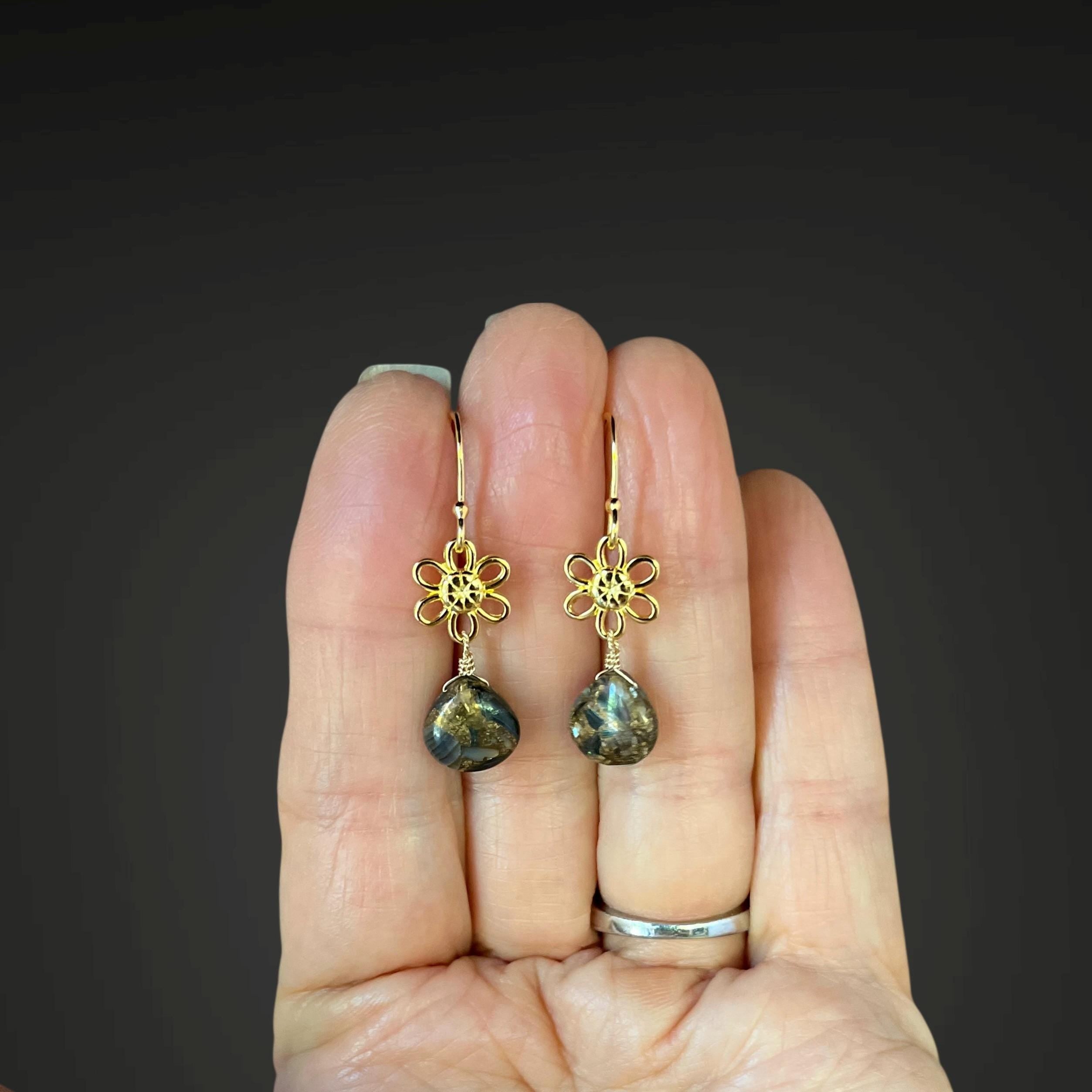 Bronze Abalone Teardrop Earrings on Gold Vermeil Flower Links
