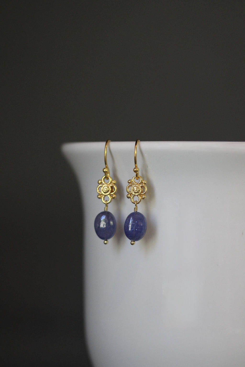 Tanzanite Oval Earrings on Gold Vermeil Filigree Links
