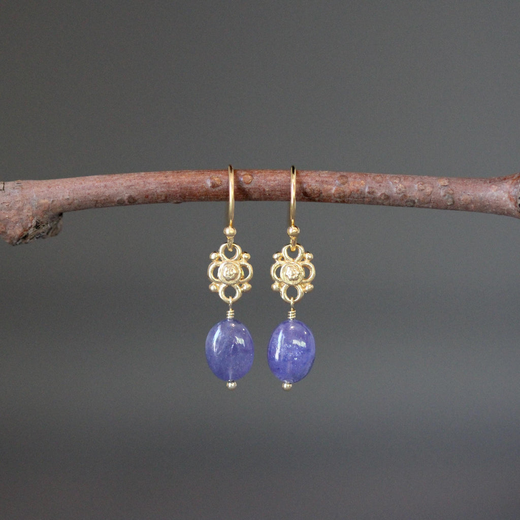 Tanzanite Oval Earrings on Gold Vermeil Filigree Links
