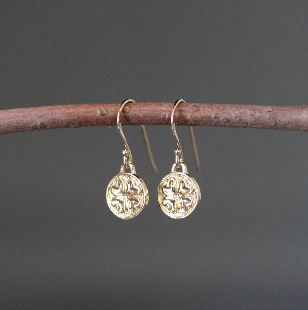Gold Vermeil Four-Leaf Clover and Heart Coin Charm Earrings