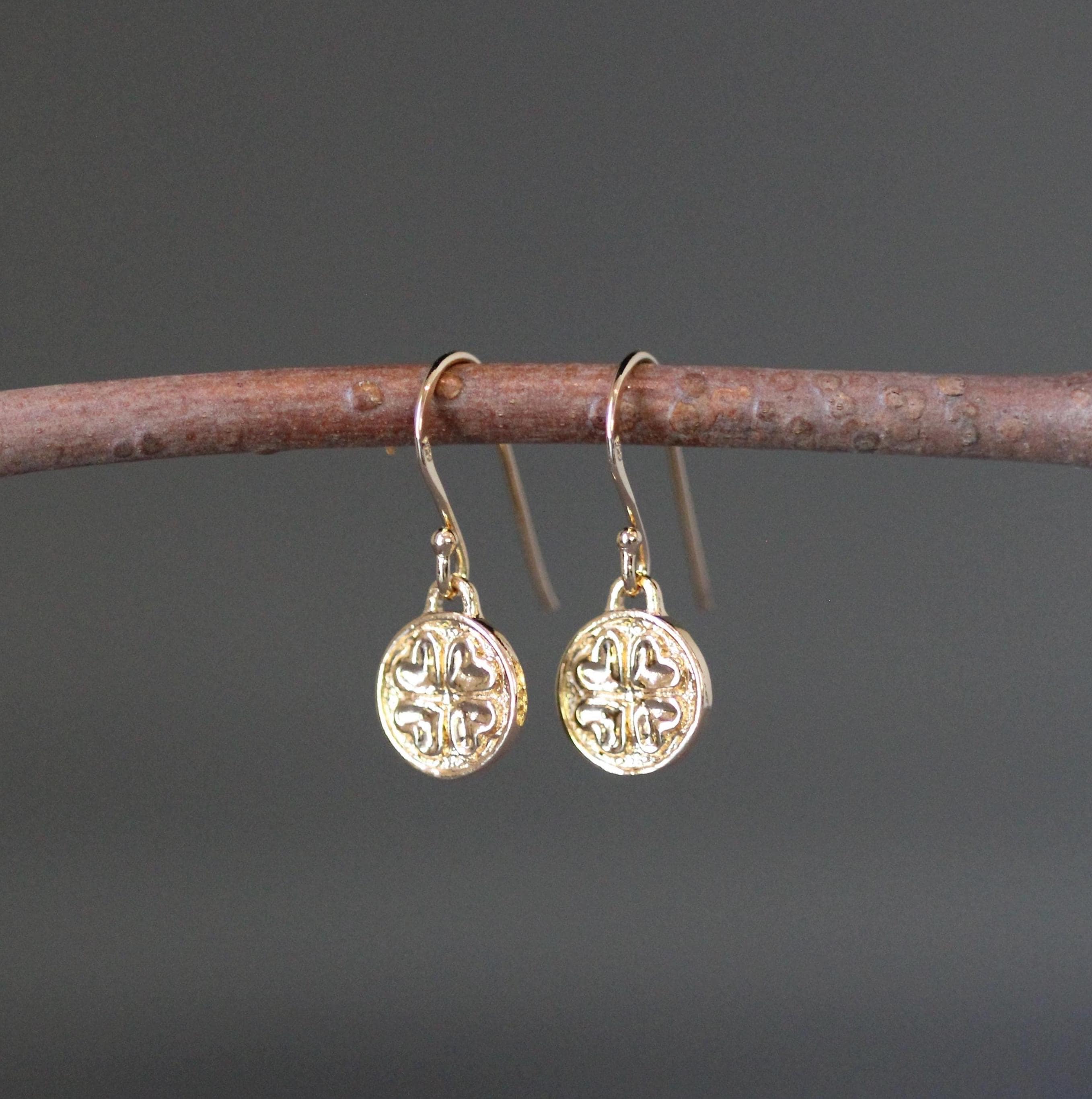 Gold Vermeil Four-Leaf Clover and Heart Coin Charm Earrings