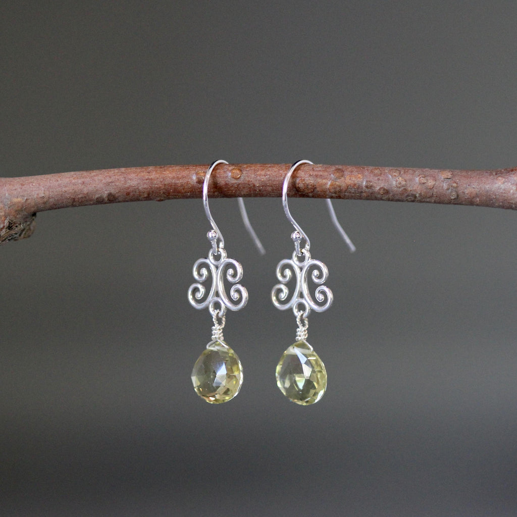 Lemon Quartz Teardrop Earrings on Bali Sterling Silver Filigree Links