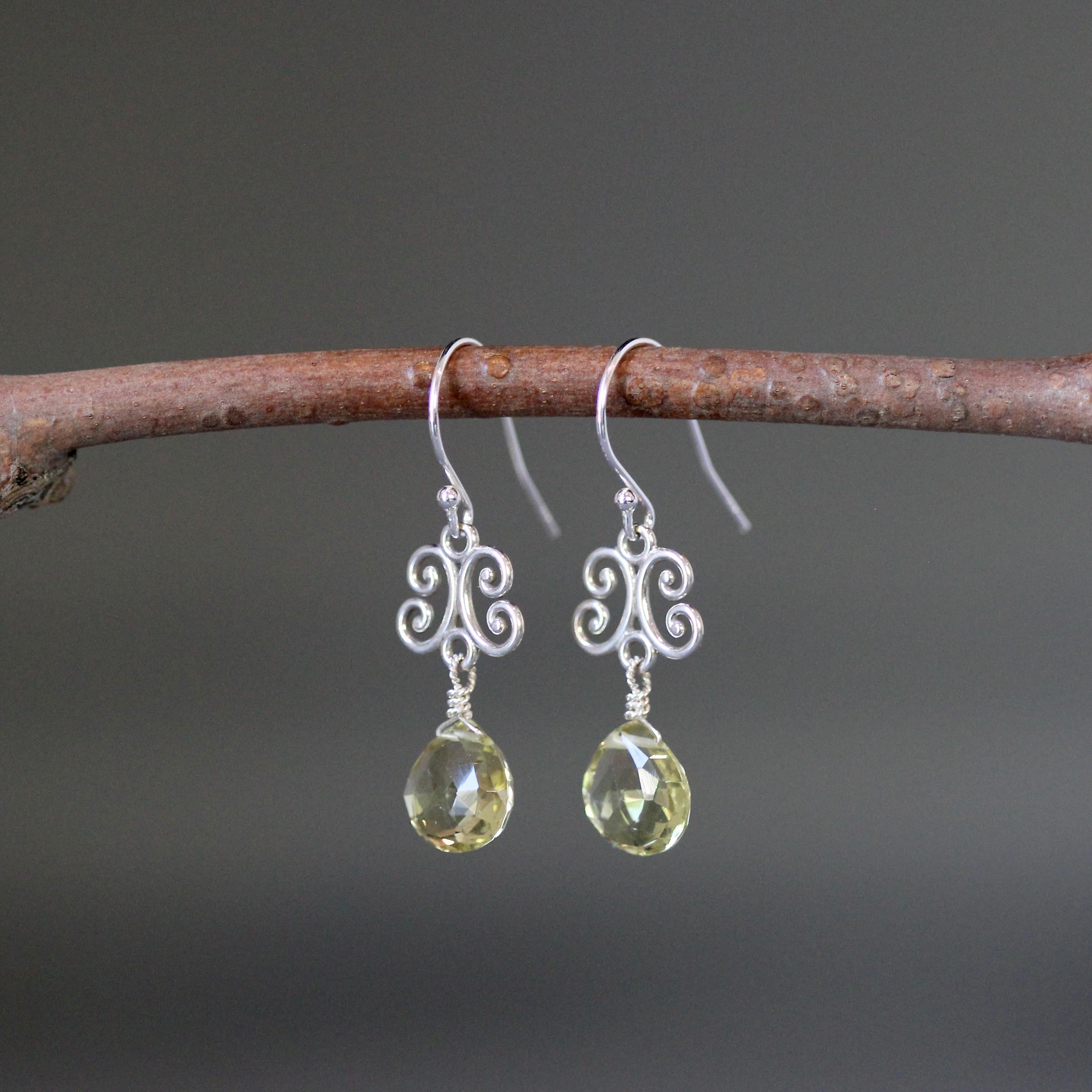 Lemon Quartz Teardrop Earrings on Bali Sterling Silver Filigree Links