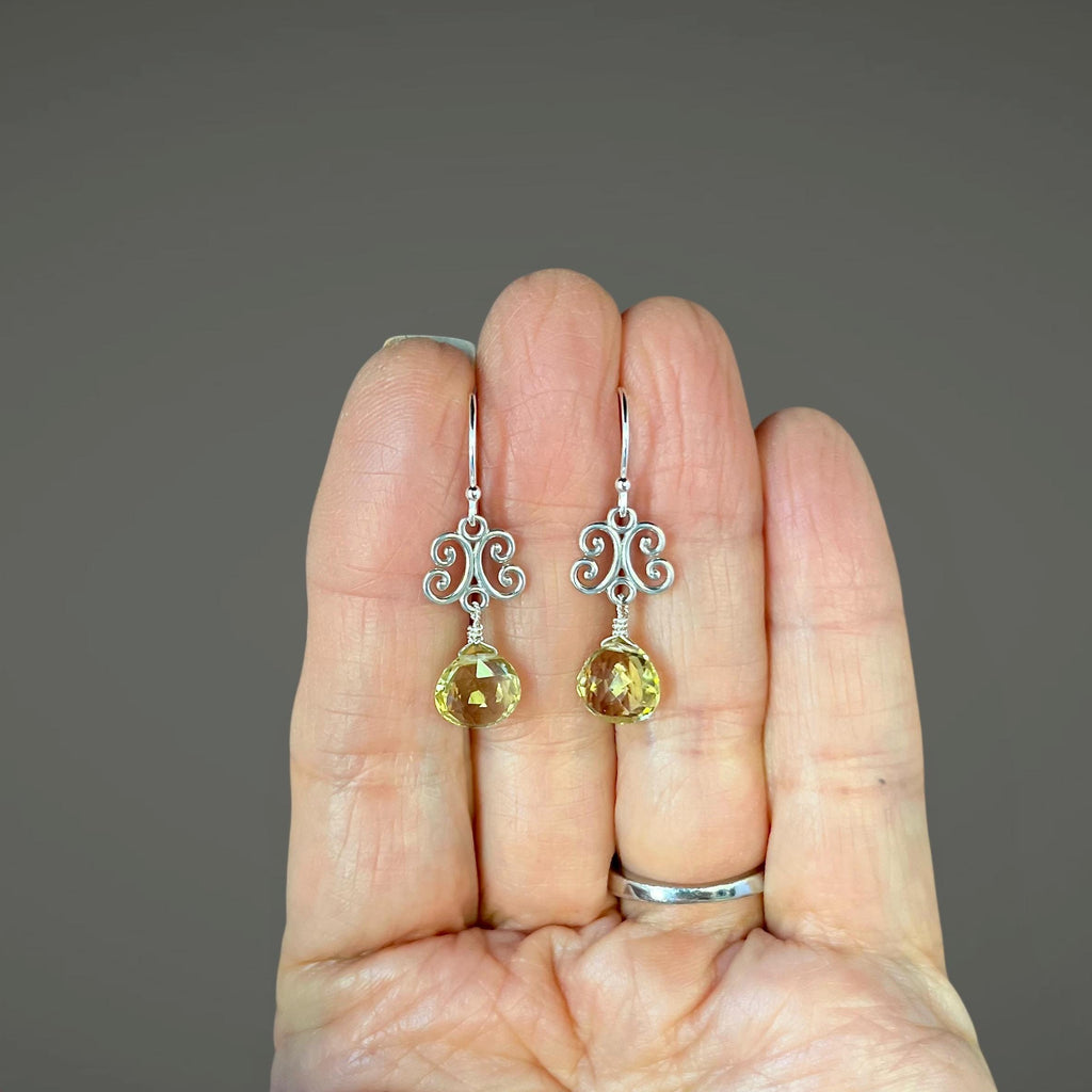 Lemon Quartz Teardrop Earrings on Bali Sterling Silver Filigree Links