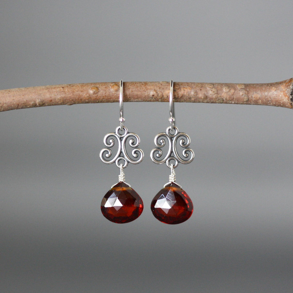 Garnet Quartz Teardrop and Bali Sterling Silver Link Dangle Earrings