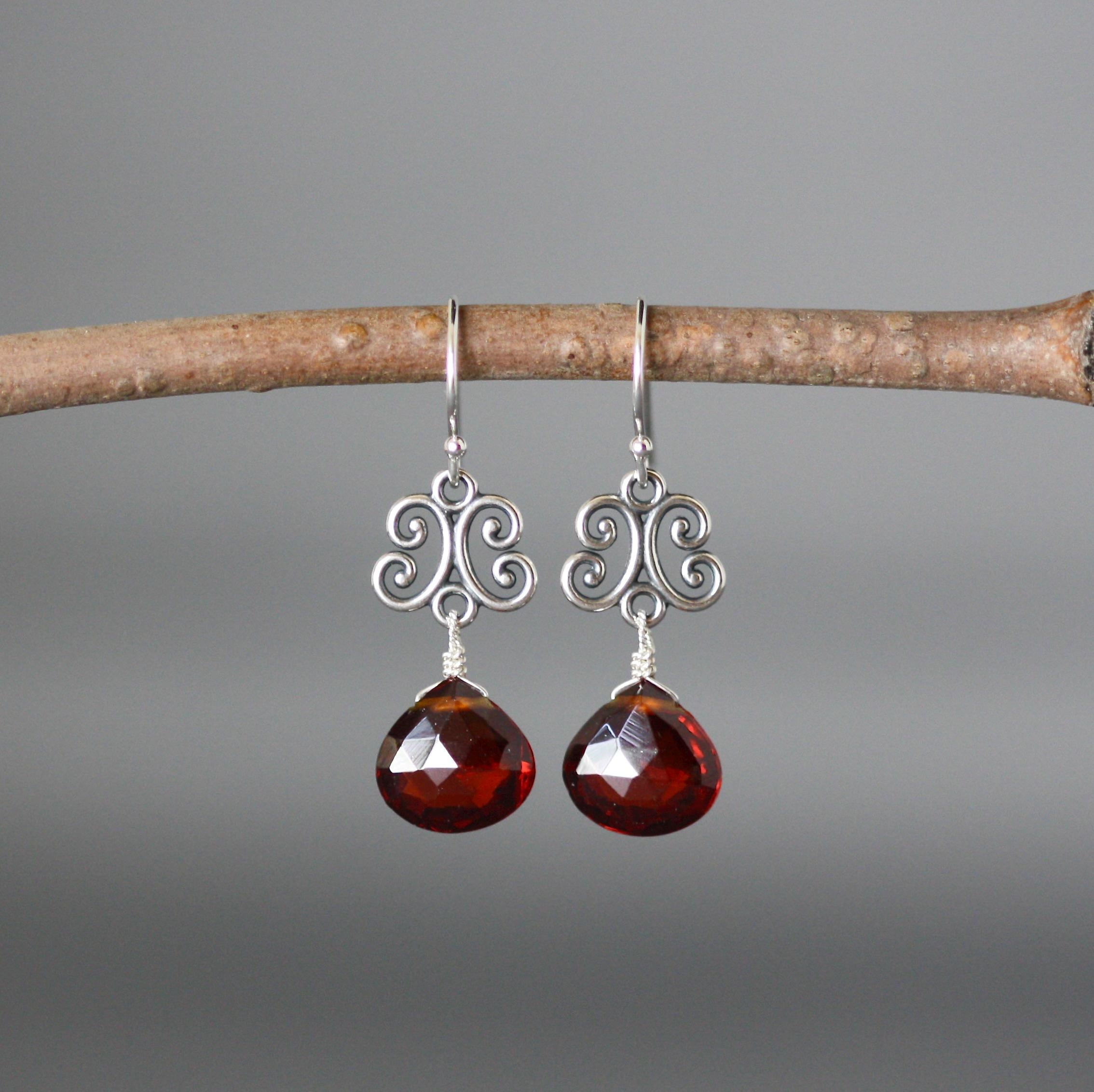 Garnet Quartz Teardrop and Bali Sterling Silver Link Dangle Earrings