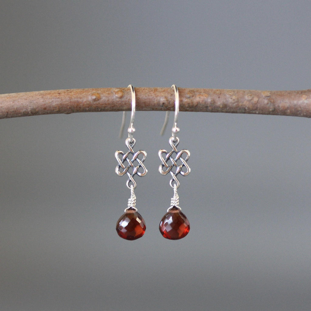 Garnet Teardrop and Bali Sterling Silver Celtic Knot Dangle Earrings