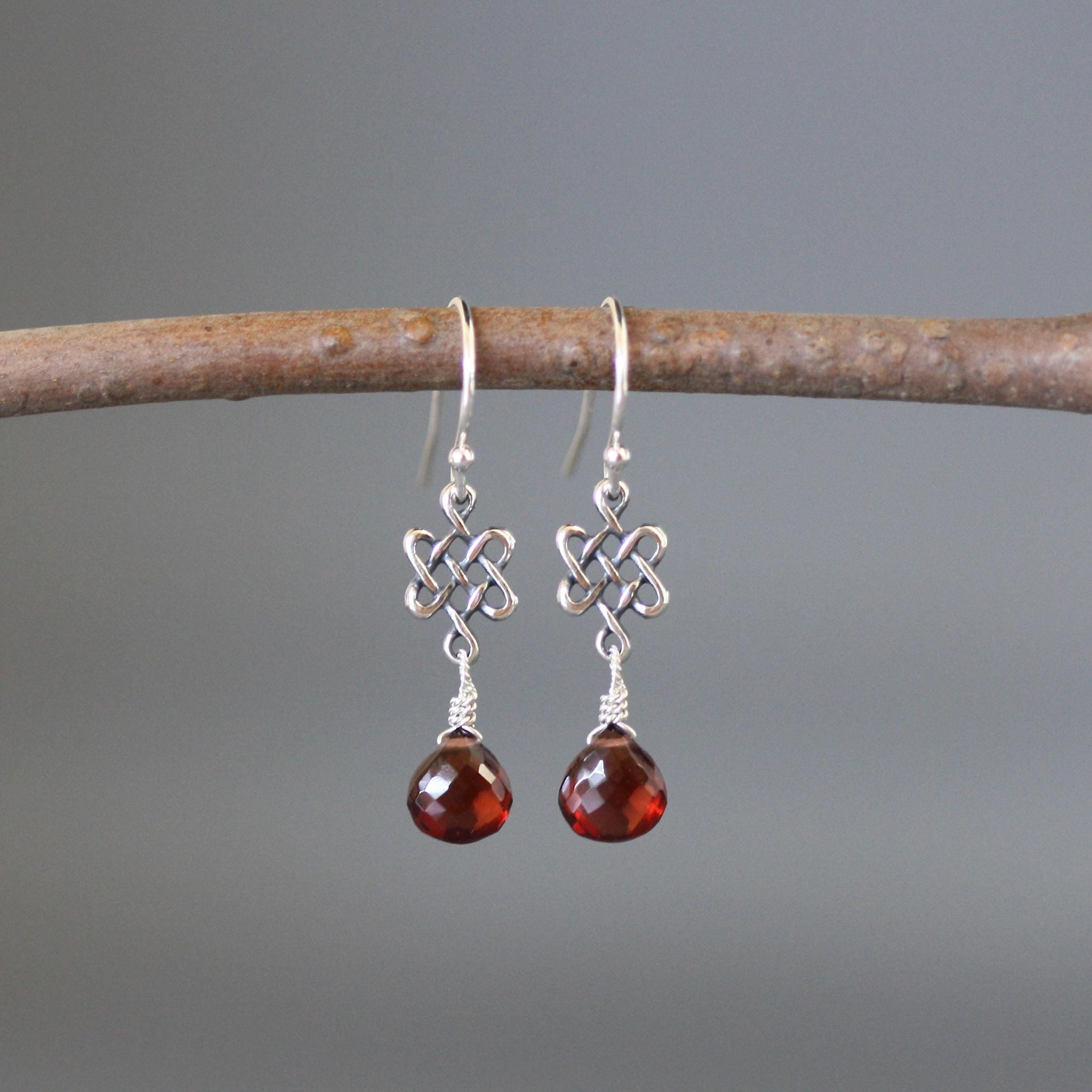 Garnet Teardrop and Bali Sterling Silver Celtic Knot Dangle Earrings