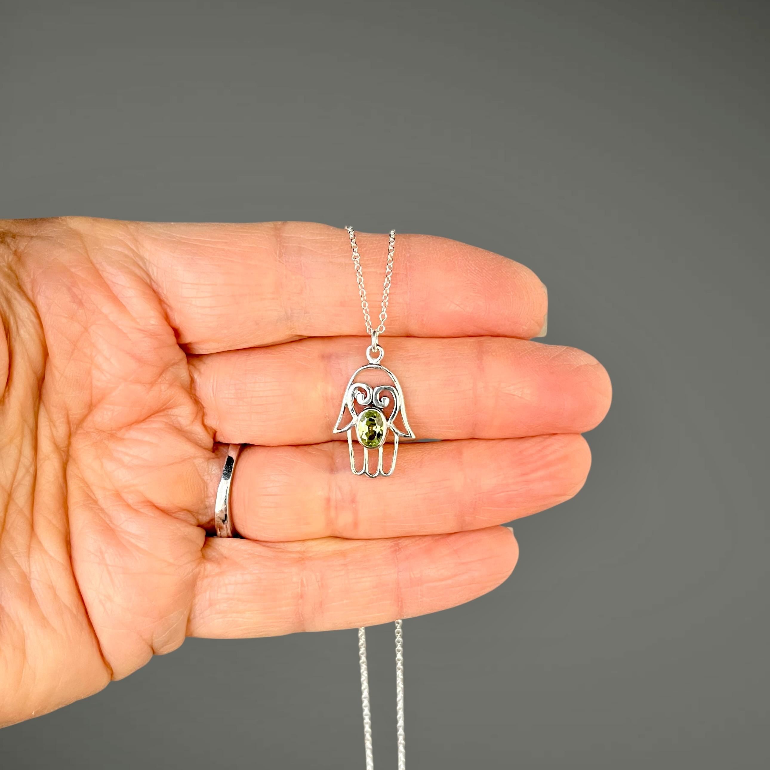 Peridot and Bali Sterling Silver Filigree Hamsa Pendant Necklace