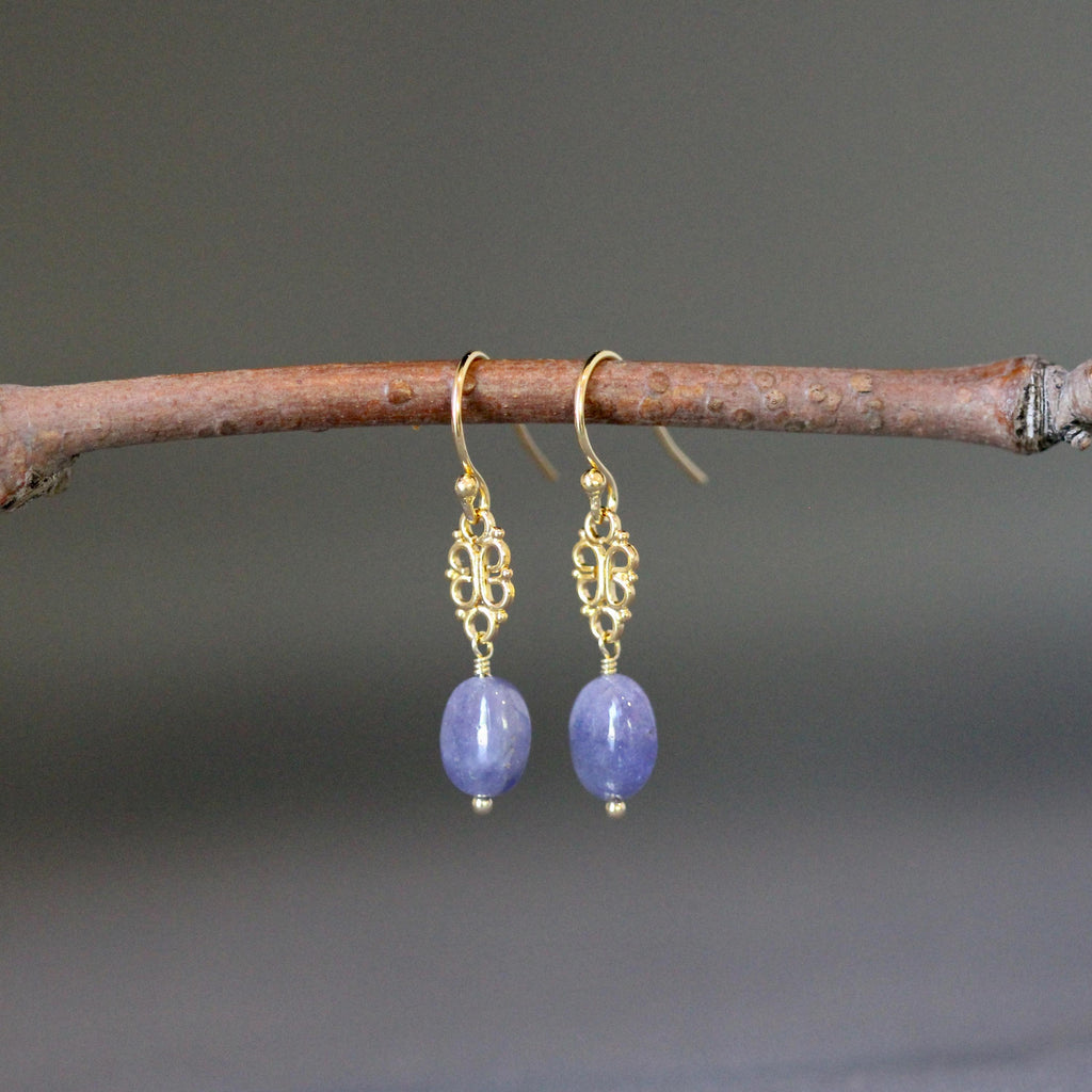Tanzanite Oval Stone and Gold Vermeil Filigree Dangle Earrings