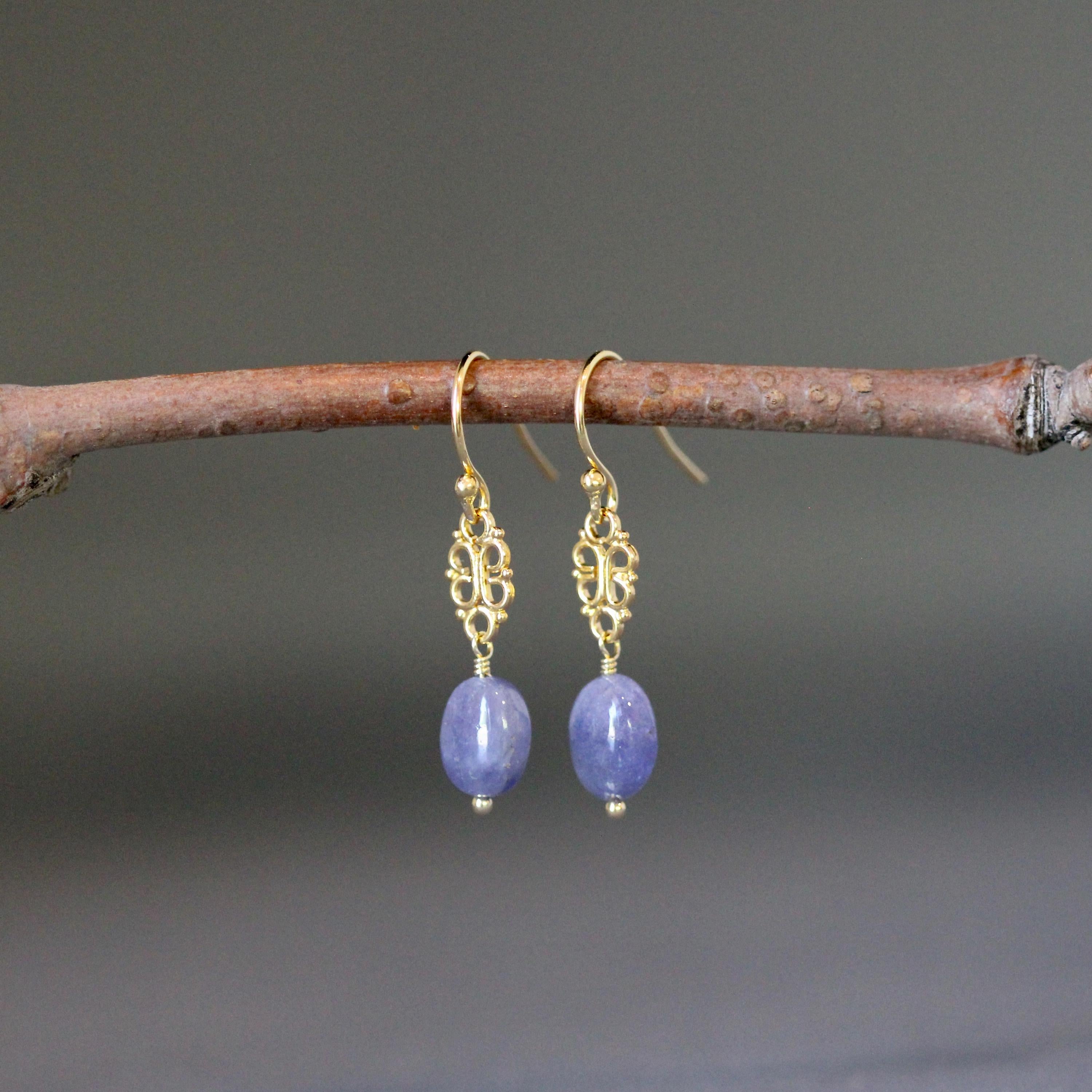 Tanzanite Oval Stone and Gold Vermeil Filigree Dangle Earrings