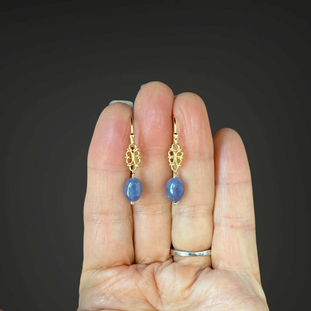 Tanzanite Oval Stone and Gold Vermeil Filigree Dangle Earrings