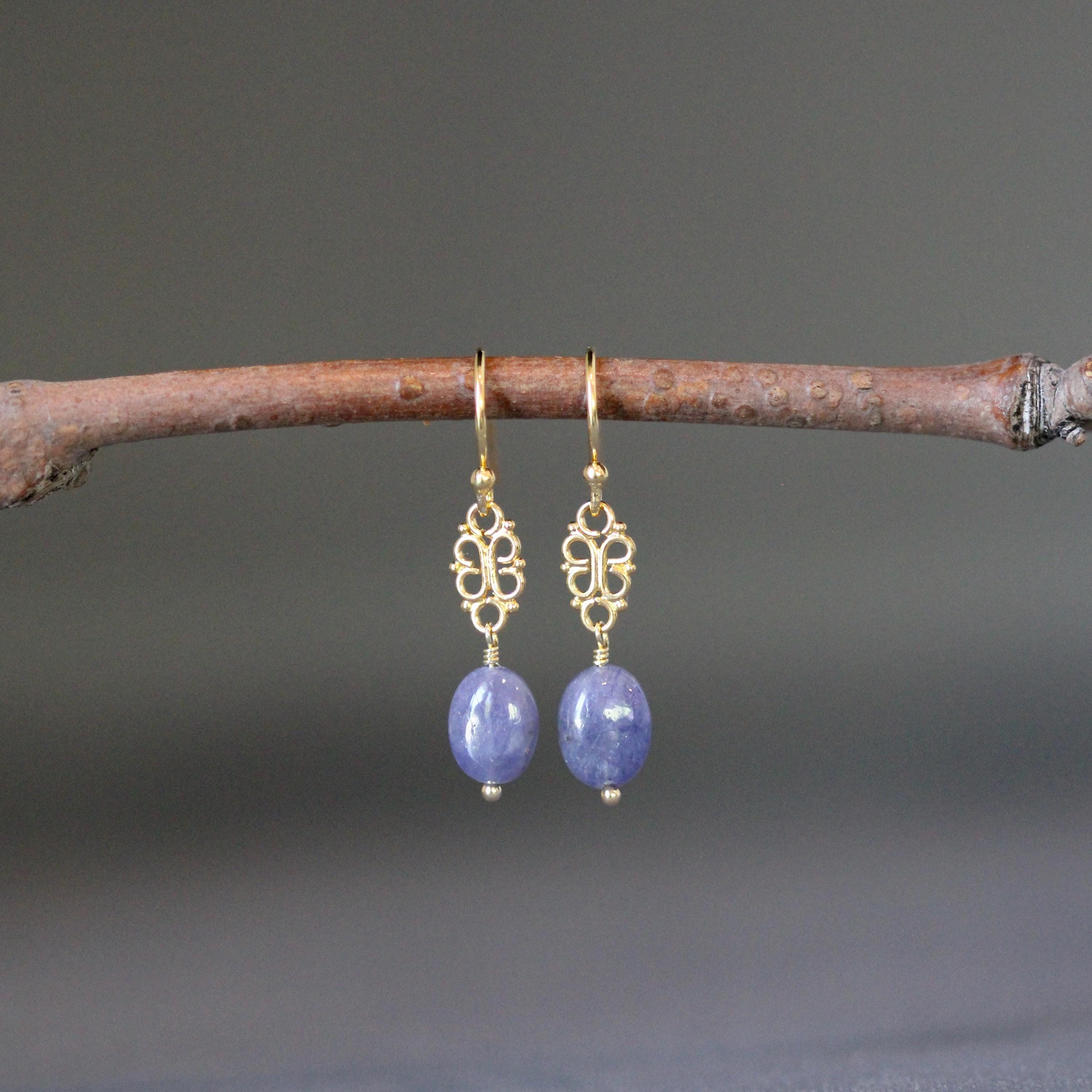 Tanzanite Oval Stone and Gold Vermeil Filigree Dangle Earrings