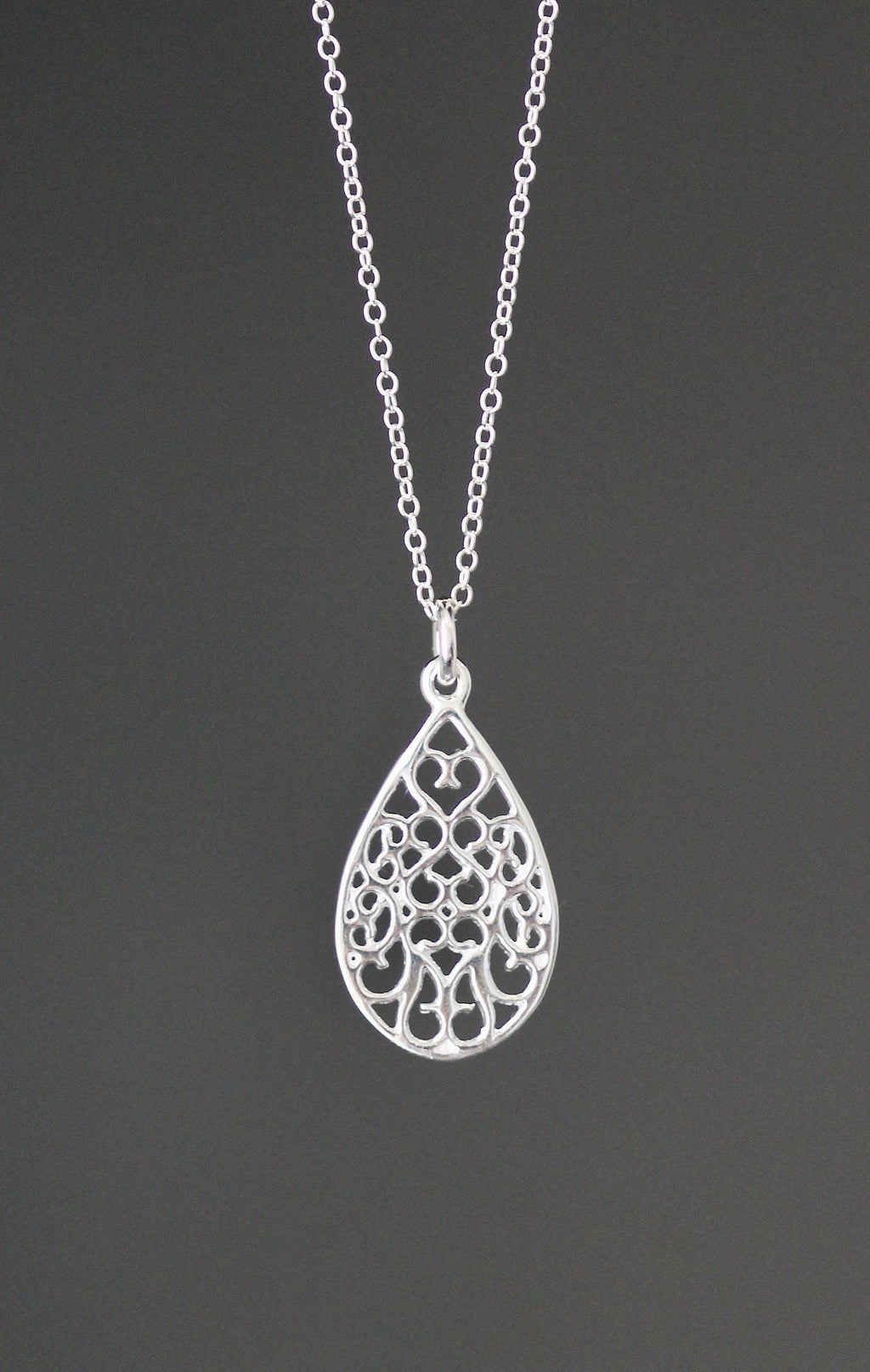 Sterling Silver Filigree Teardrop Pendant Necklace