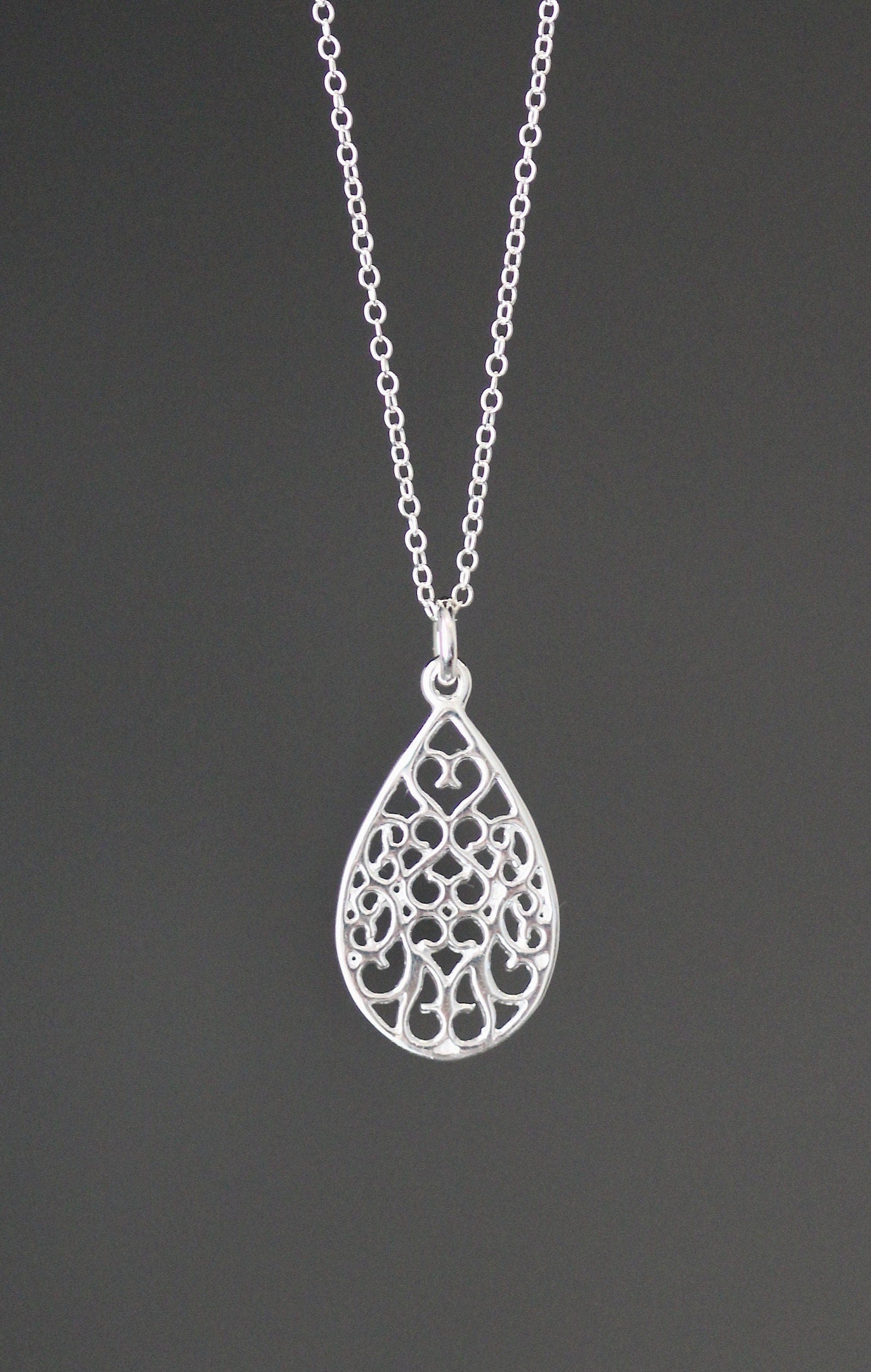 Sterling Silver Filigree Teardrop Pendant Necklace