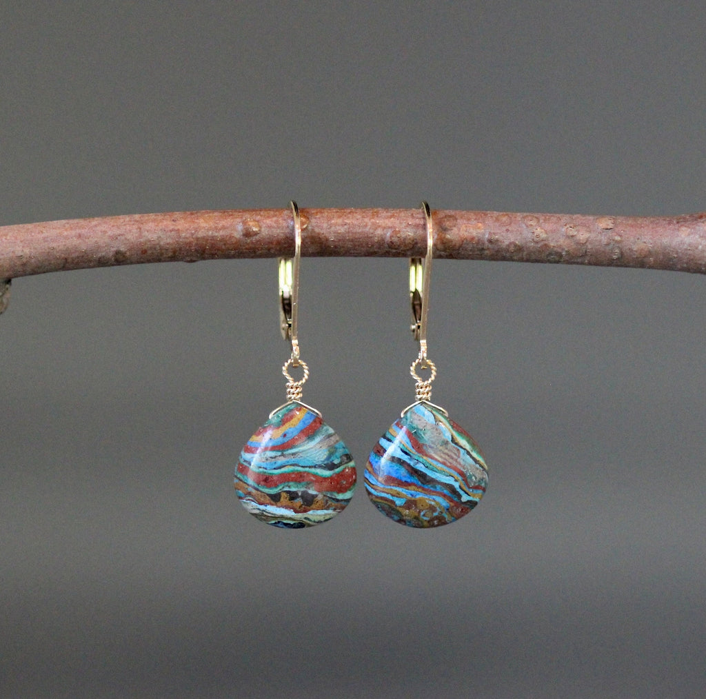 Rainbow Calsilica Teardrop Earrings on Gold Filled Leverback Earwires