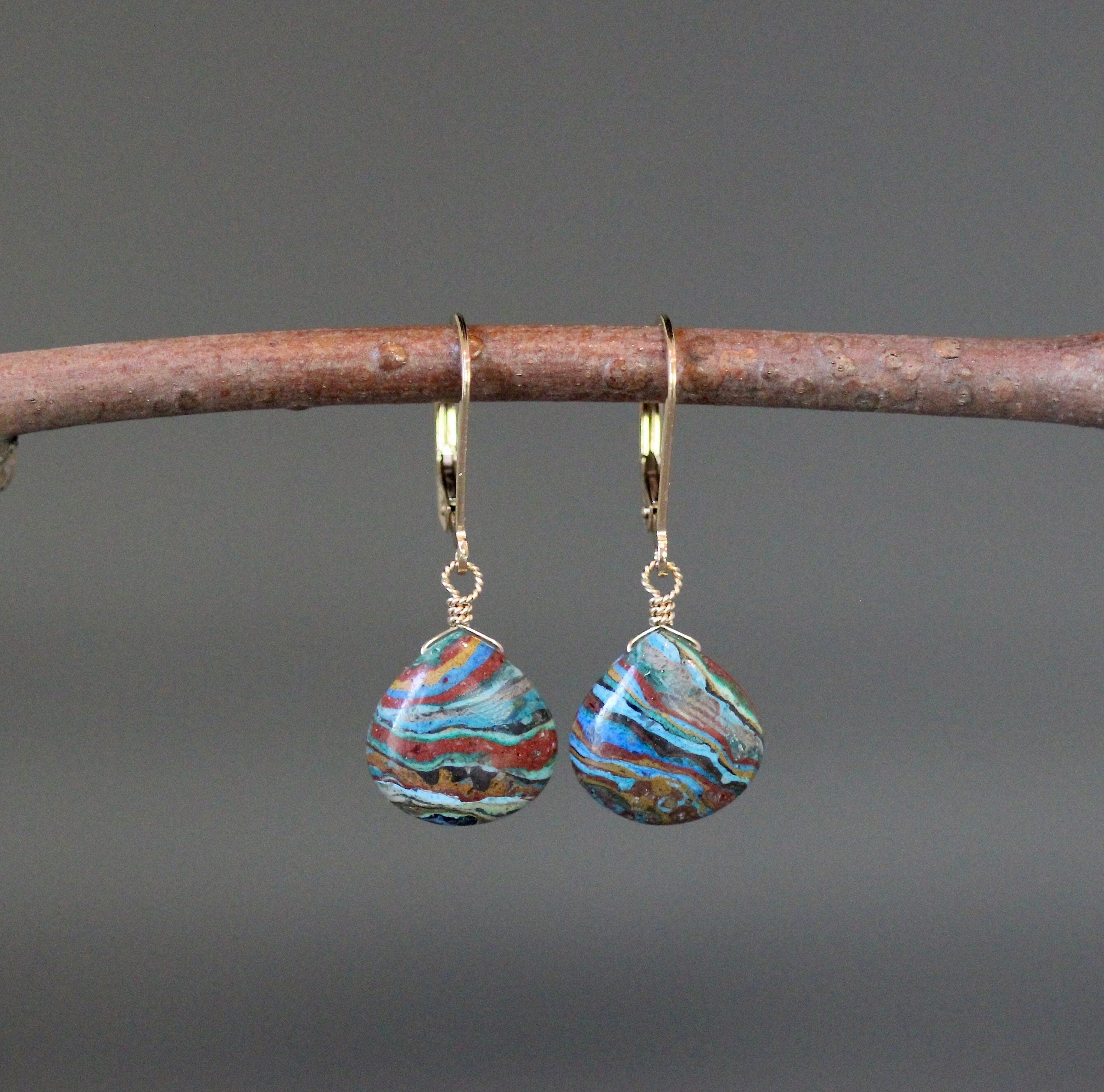 Rainbow Calsilica Teardrop Earrings on Gold Filled Leverback Earwires
