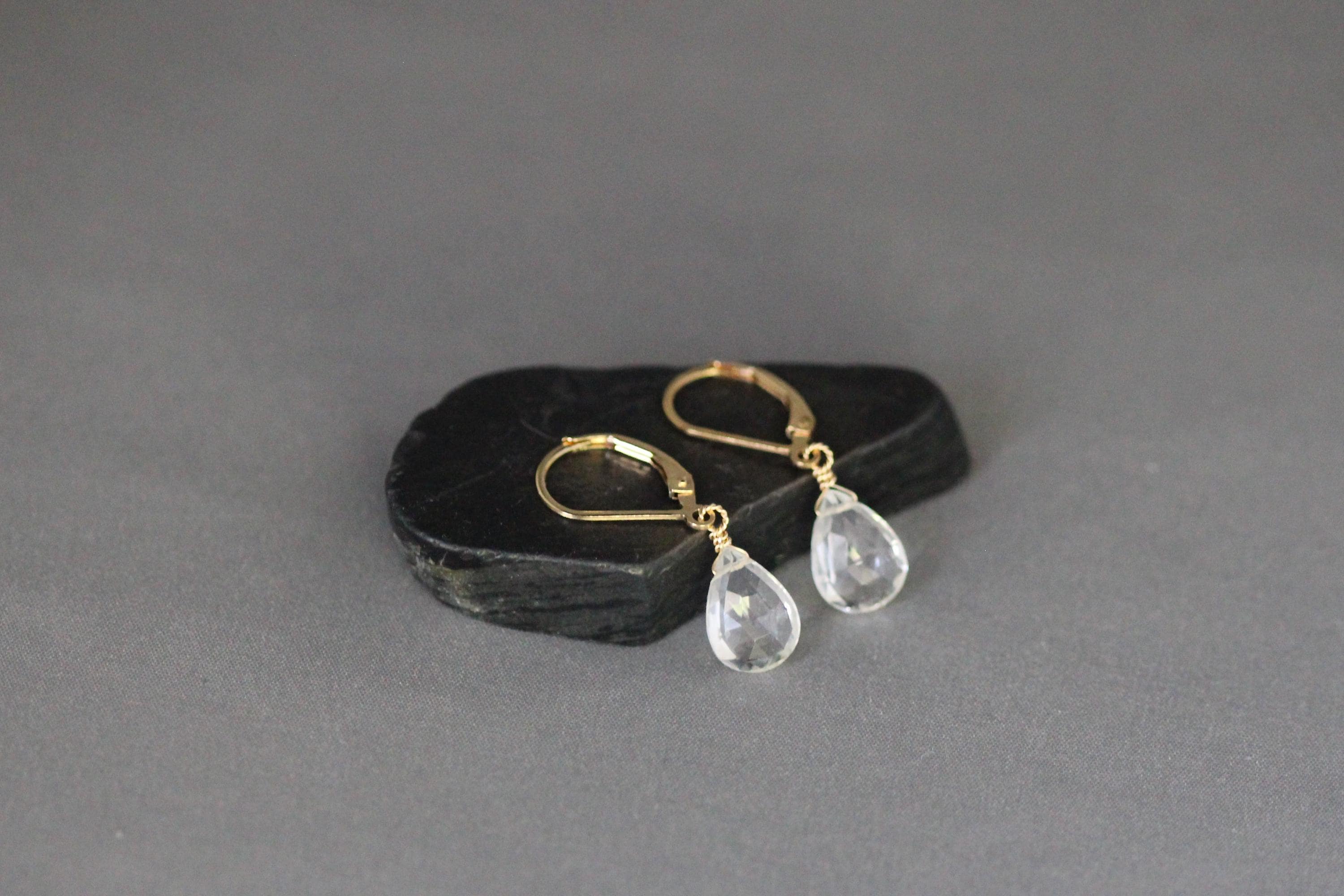 Clear Quartz Crystal Teardrop Earrings on Gold Filled Leverbacks